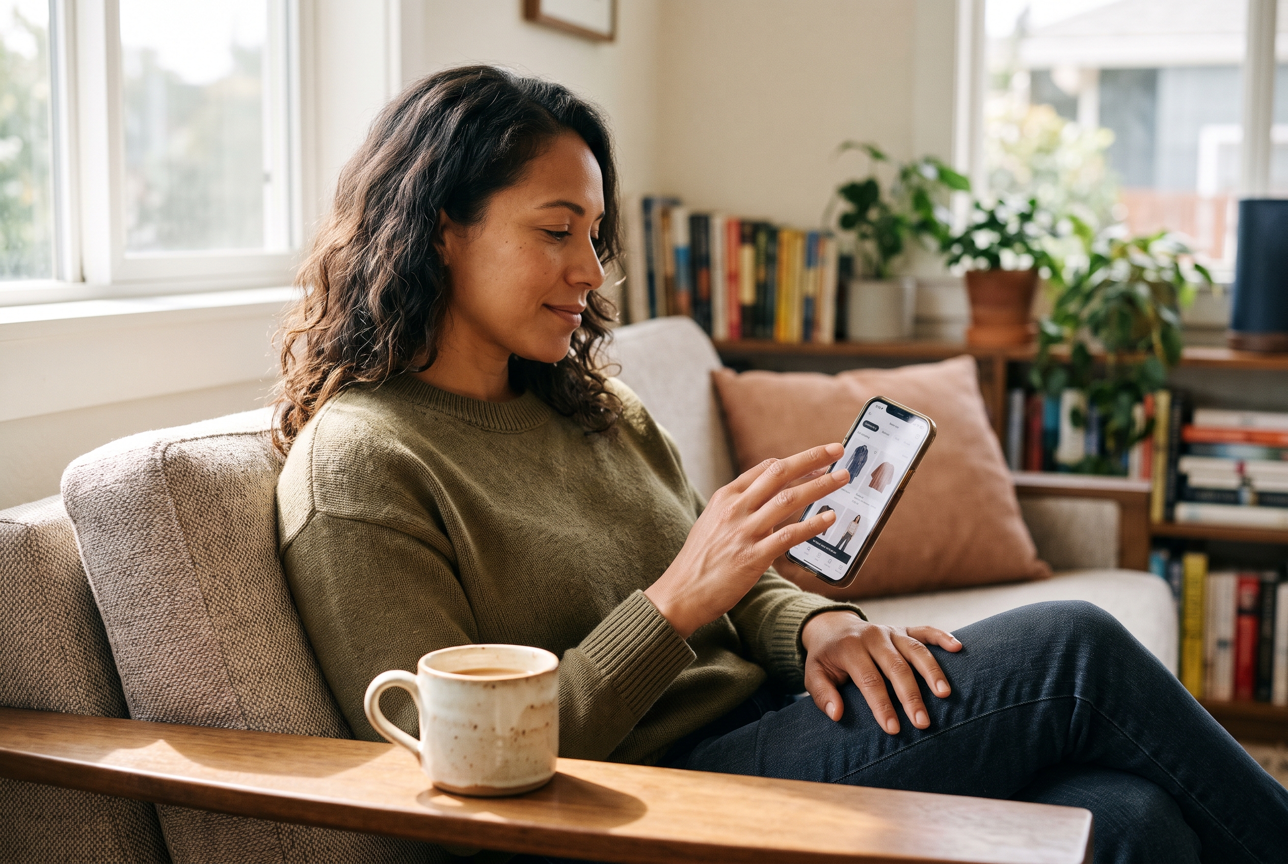 Woman on a sofa scrolling a clothing store menu on her phone with a coffee mug on the armrest