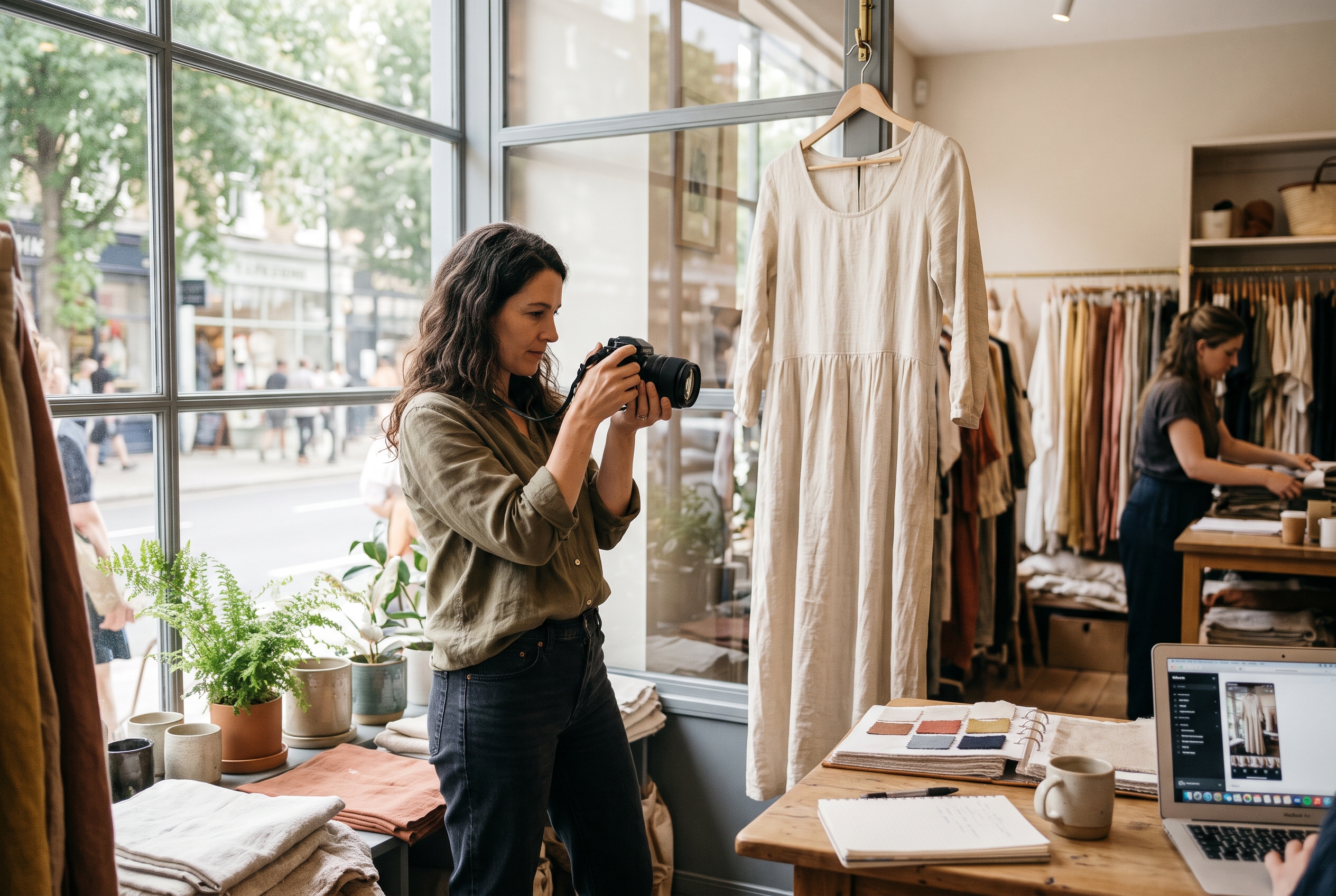 Fashion store owner photographing a linen dress on a hanger by a window to shoot product images for her mobile site