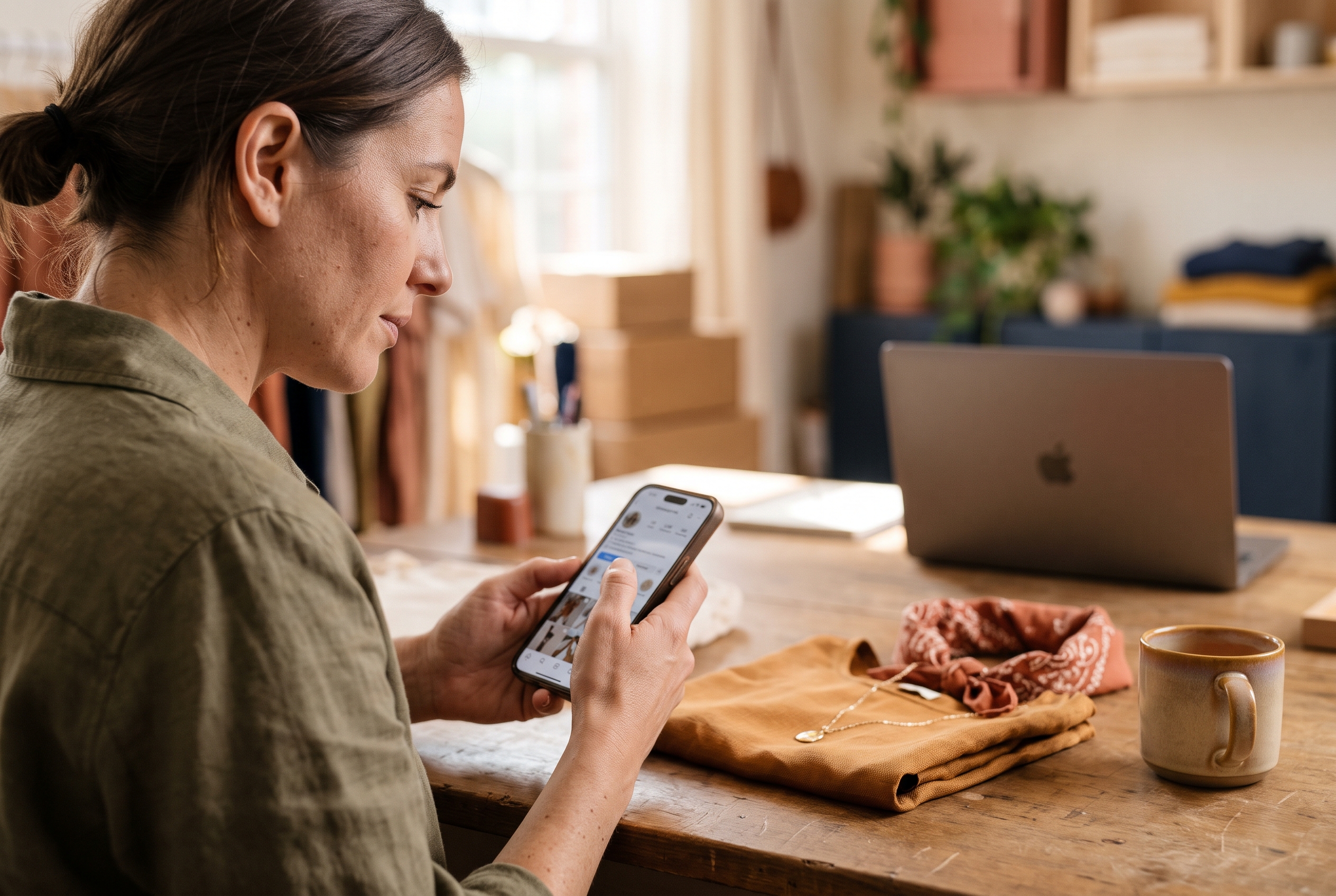 Boutique founder planning an Instagram post on her phone next to a styled flat lay of tops and accessories