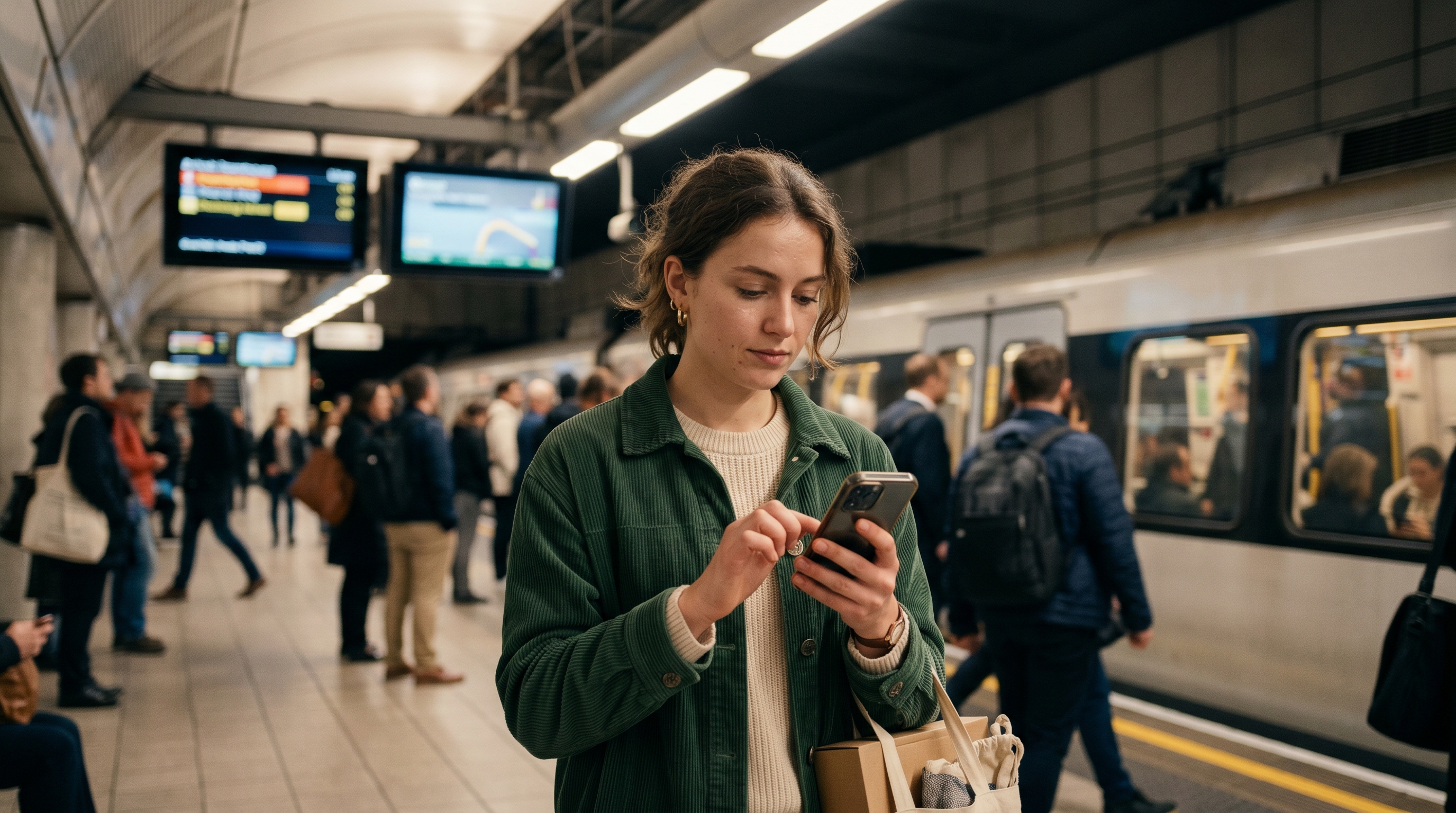 Young shopper standing on a busy train platform completing a purchase on her phone with one thumb
