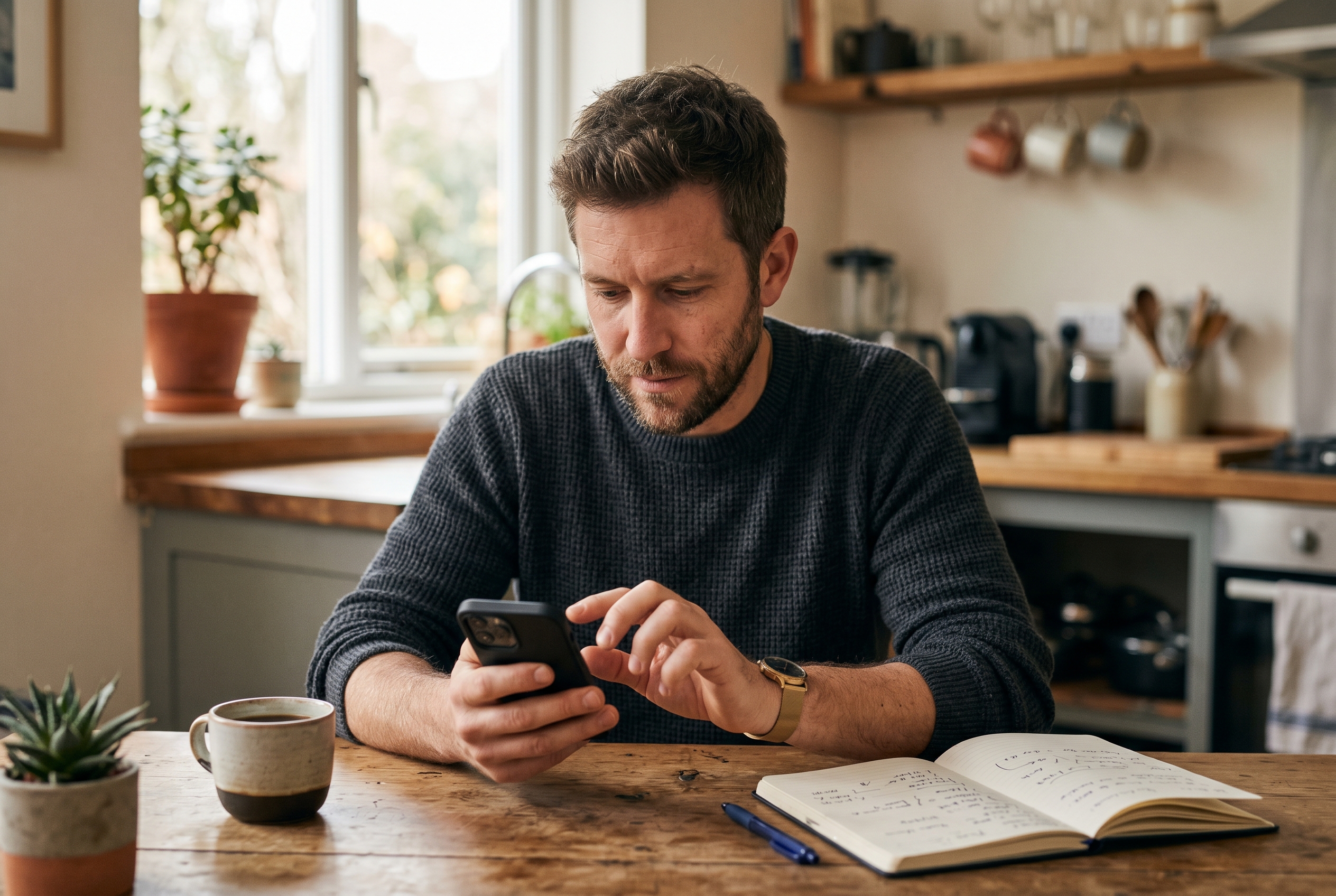 Store owner at a kitchen table testing his own checkout flow on a smartphone with a notebook of fixes beside him
