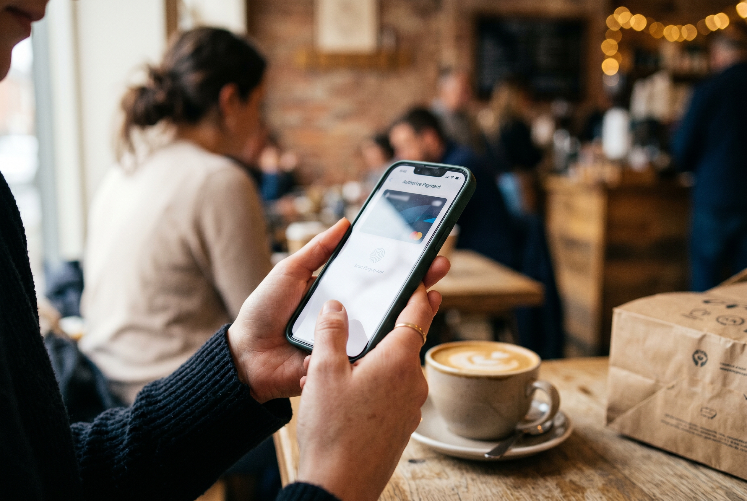 Customer authorizing a payment with a thumbprint on her phone at a cafe table with a coffee and a shopping bag