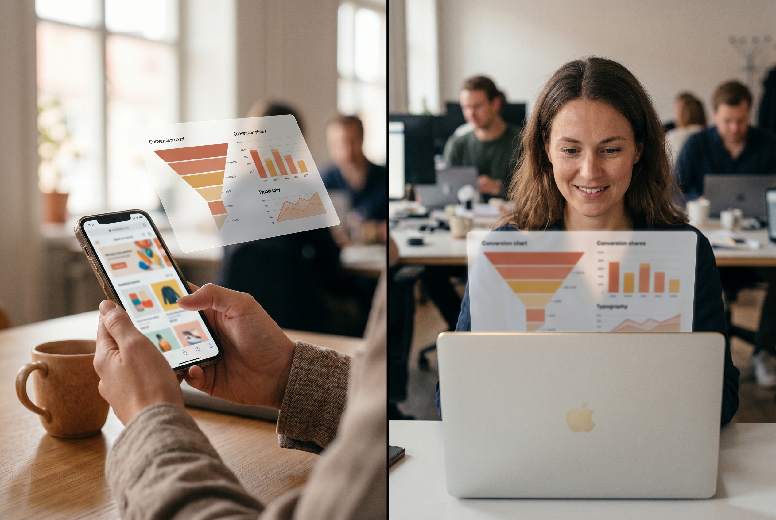 Split-screen comparison of a phone and a laptop displaying the same online store with conversion charts hovering above each