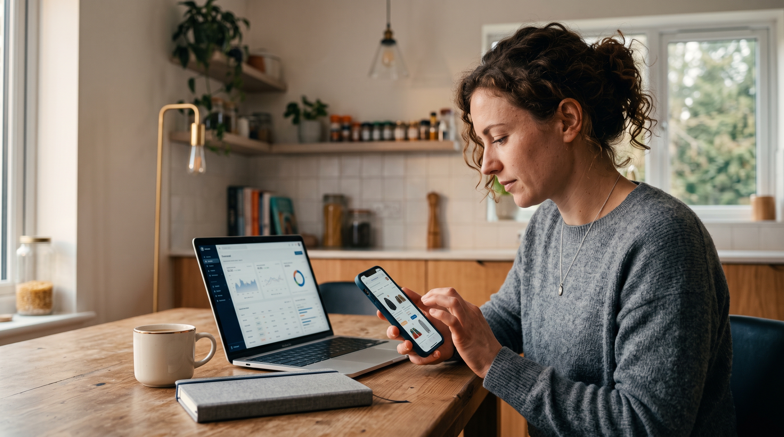 Woman shopping on her smartphone at a kitchen table with a coffee mug and open laptop beside her
