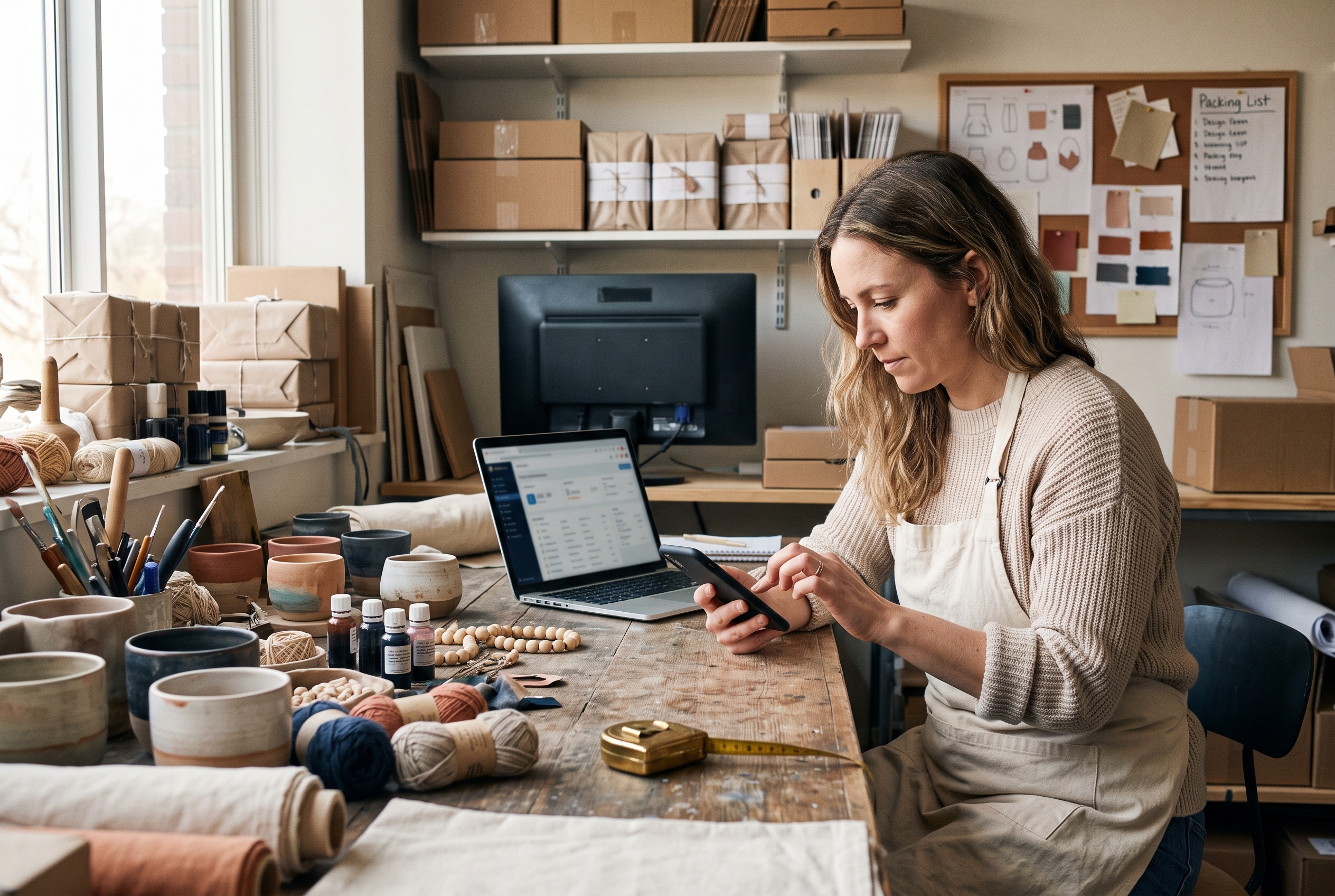 Small business owner testing her store checkout on a phone while sitting at a workshop bench surrounded by products