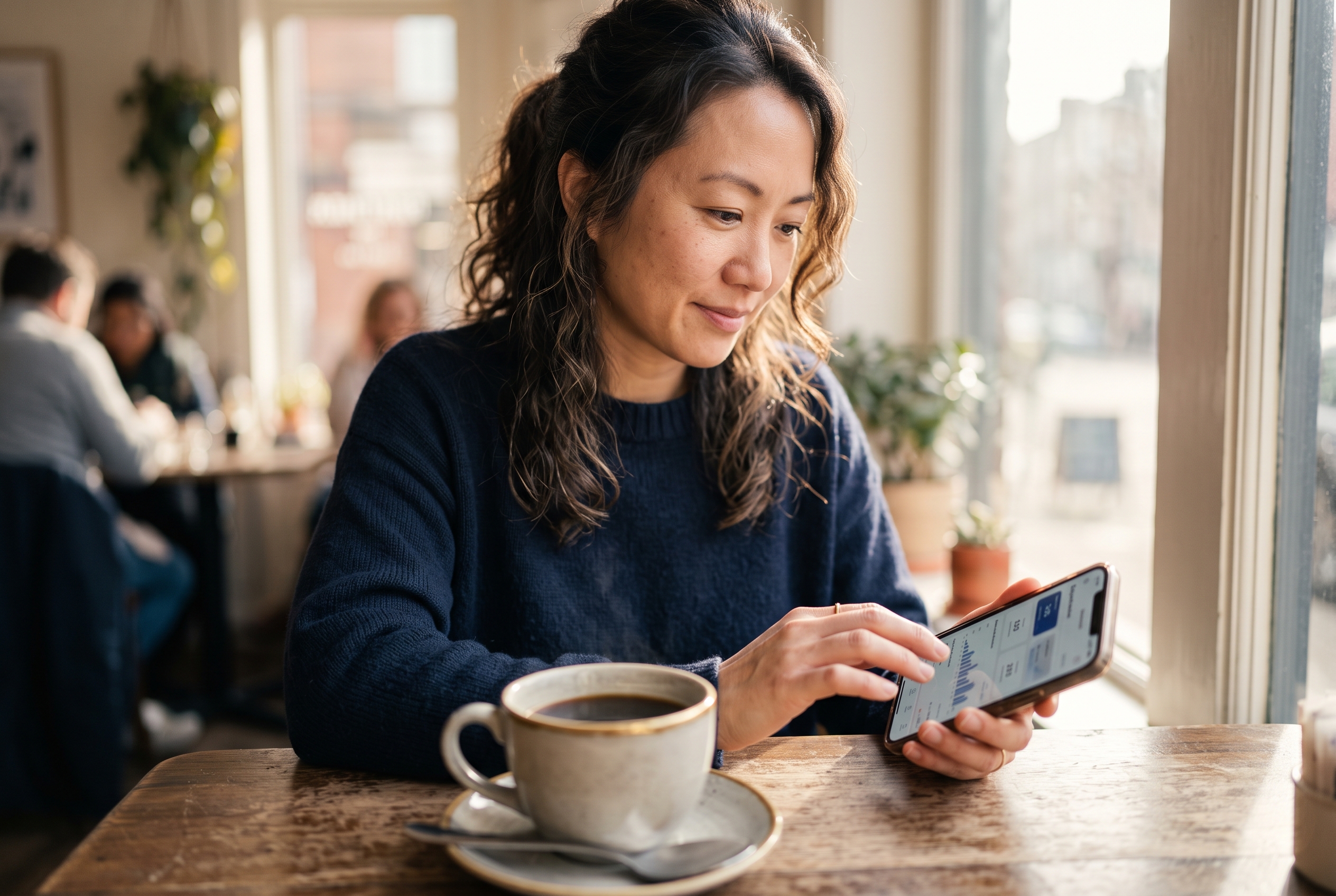 Founder reviewing customer reviews and sales numbers on her phone over morning coffee near a window