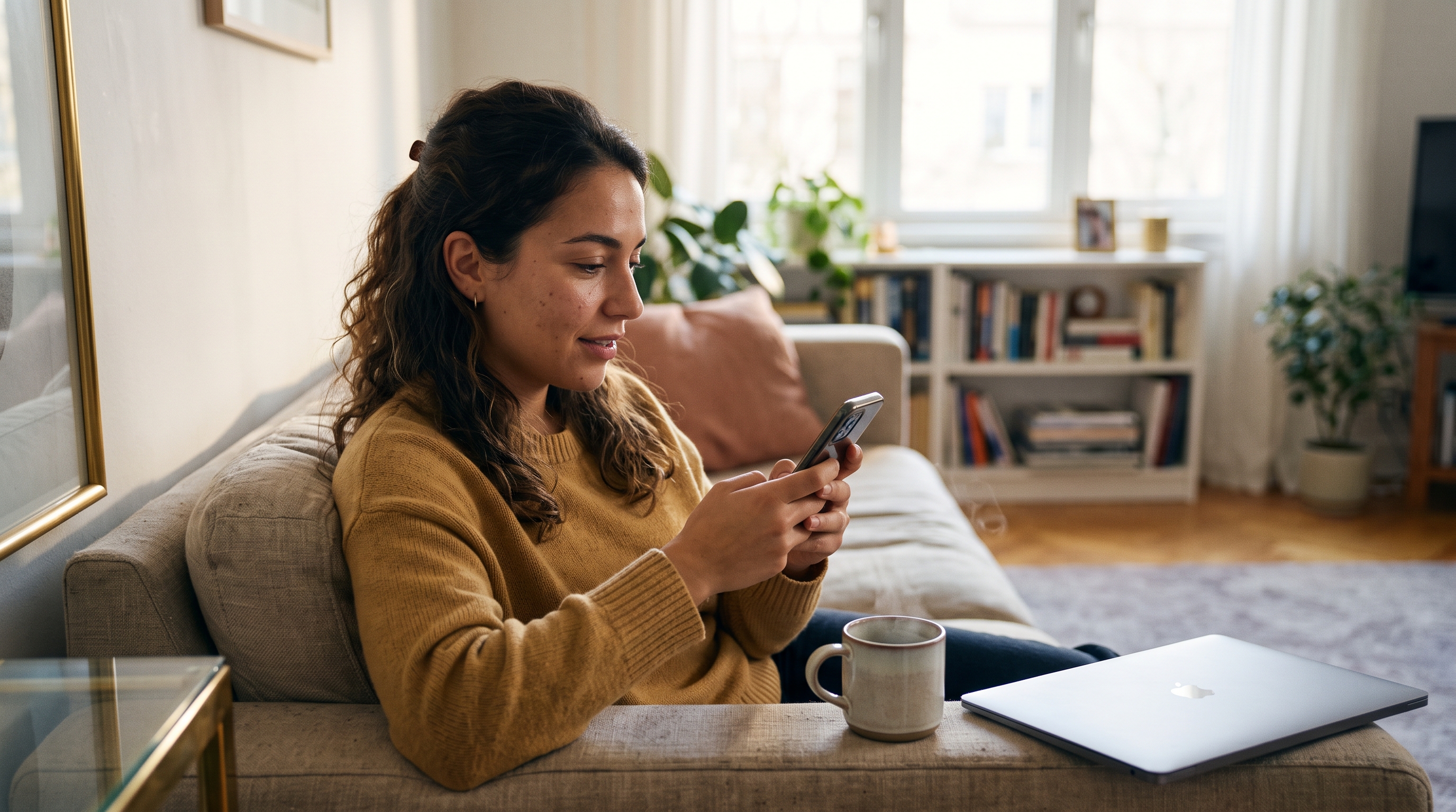 Young woman shopping on her phone while sitting on a couch with a coffee mug and laptop closed beside her