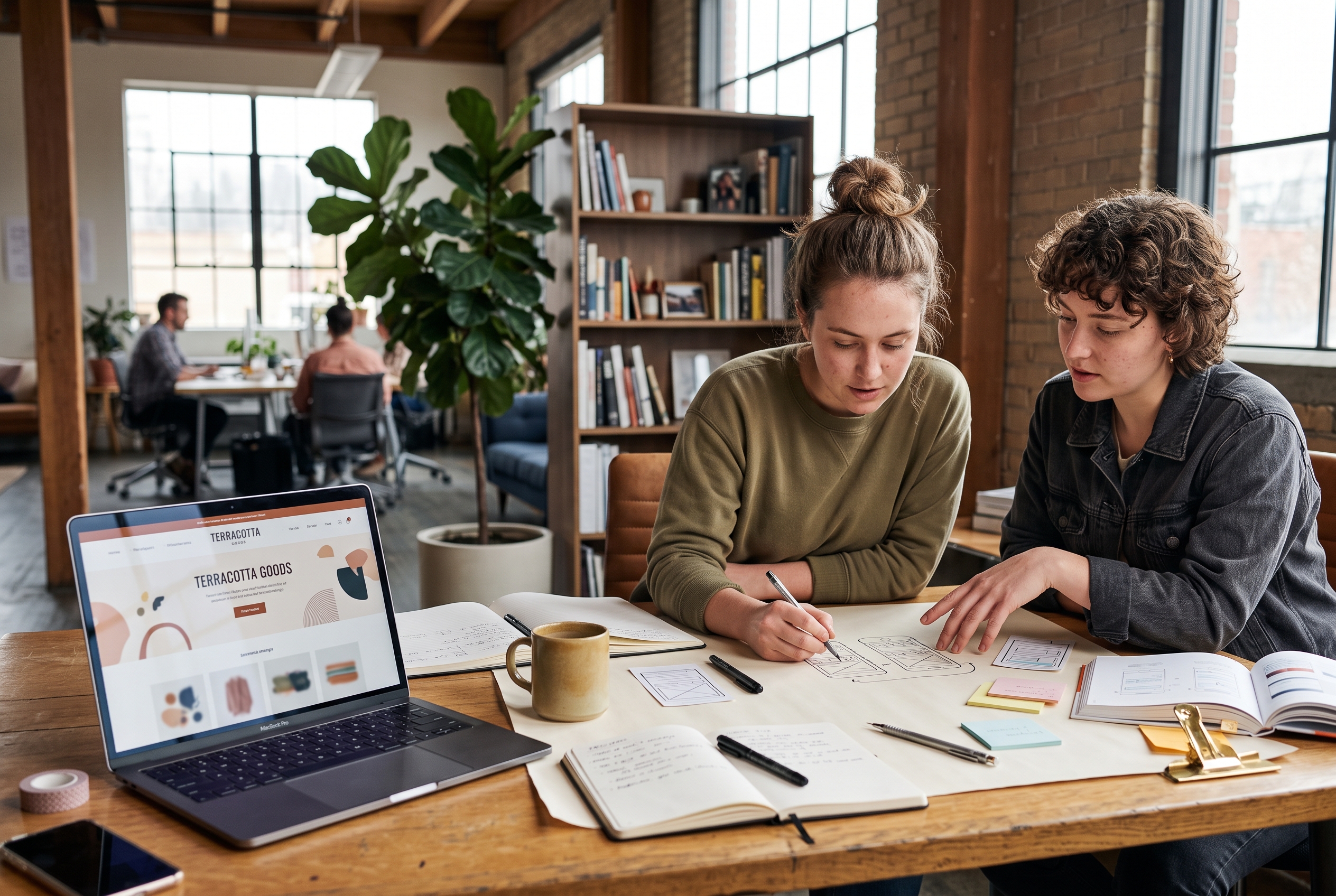 Two designers sketching phone screen layouts on paper at a wooden desk with a laptop showing a store homepage