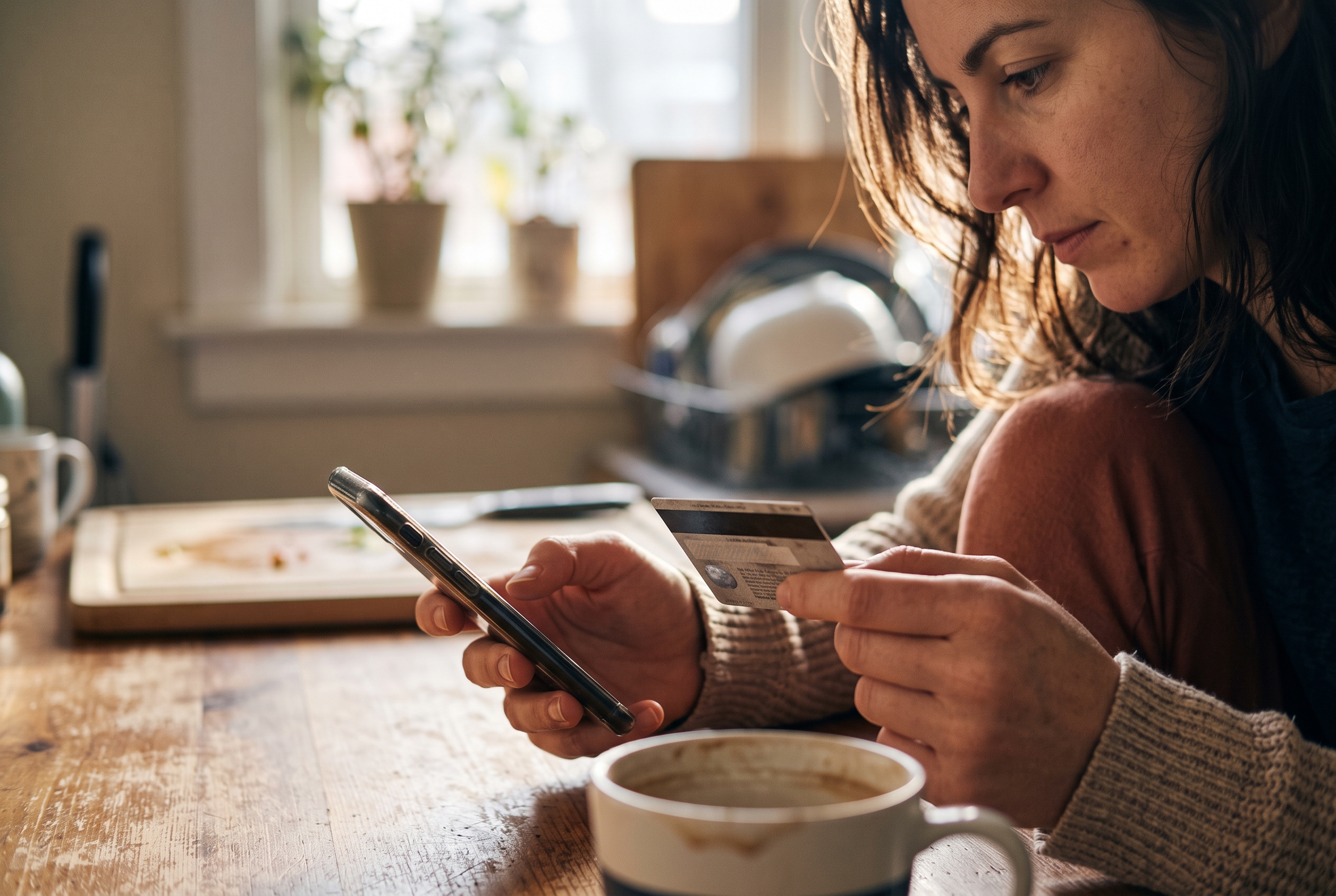 Person completing a purchase on their phone with a credit card in hand at a kitchen table in warm morning light