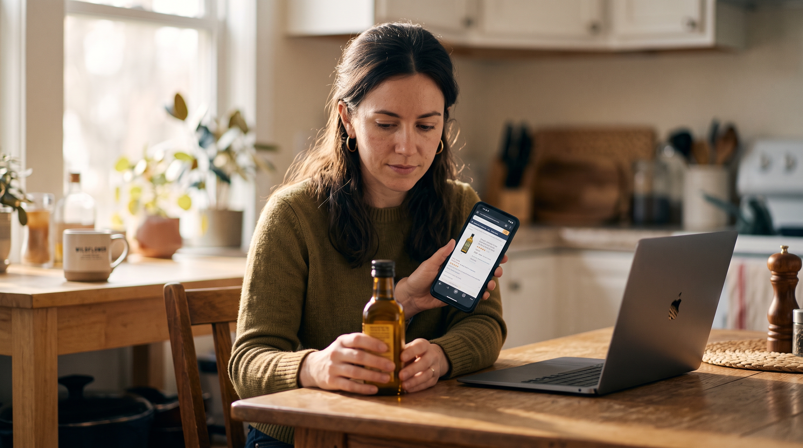 Shopper comparing a product on her phone while a laptop sits open on the same kitchen table in morning light