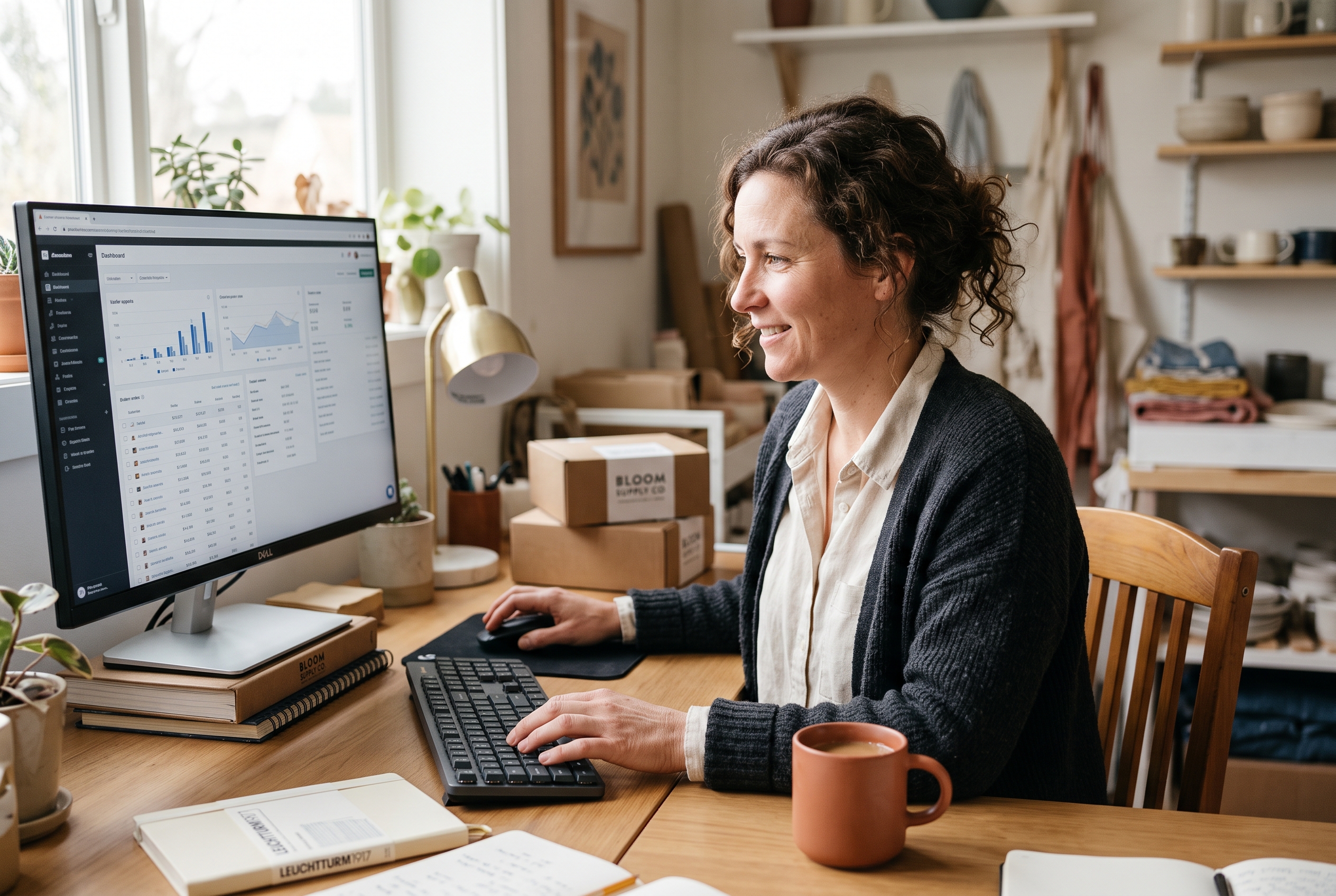 Small business owner sitting at a desk completing an online order on a large monitor with a coffee mug nearby