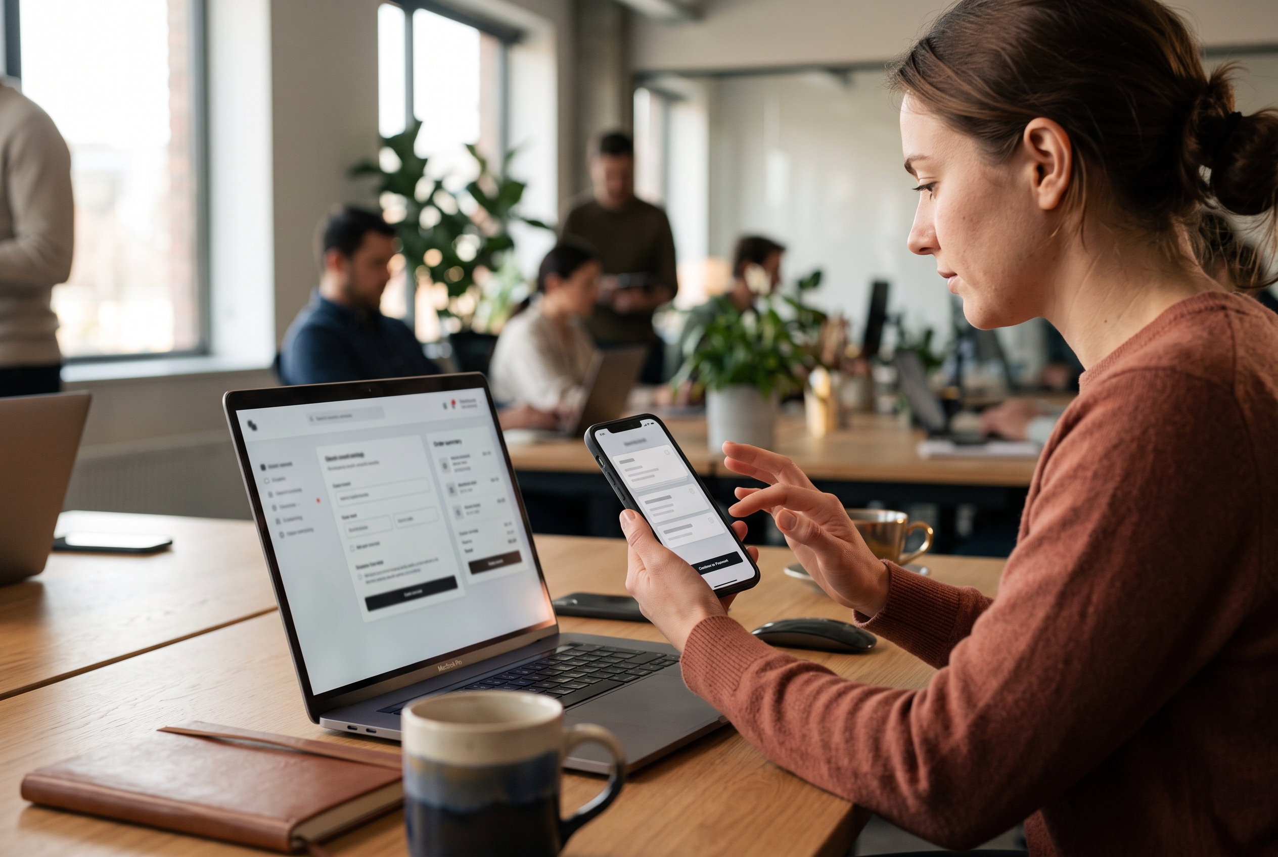 Developer testing a store checkout flow on a smartphone held next to a laptop showing the same page in an office