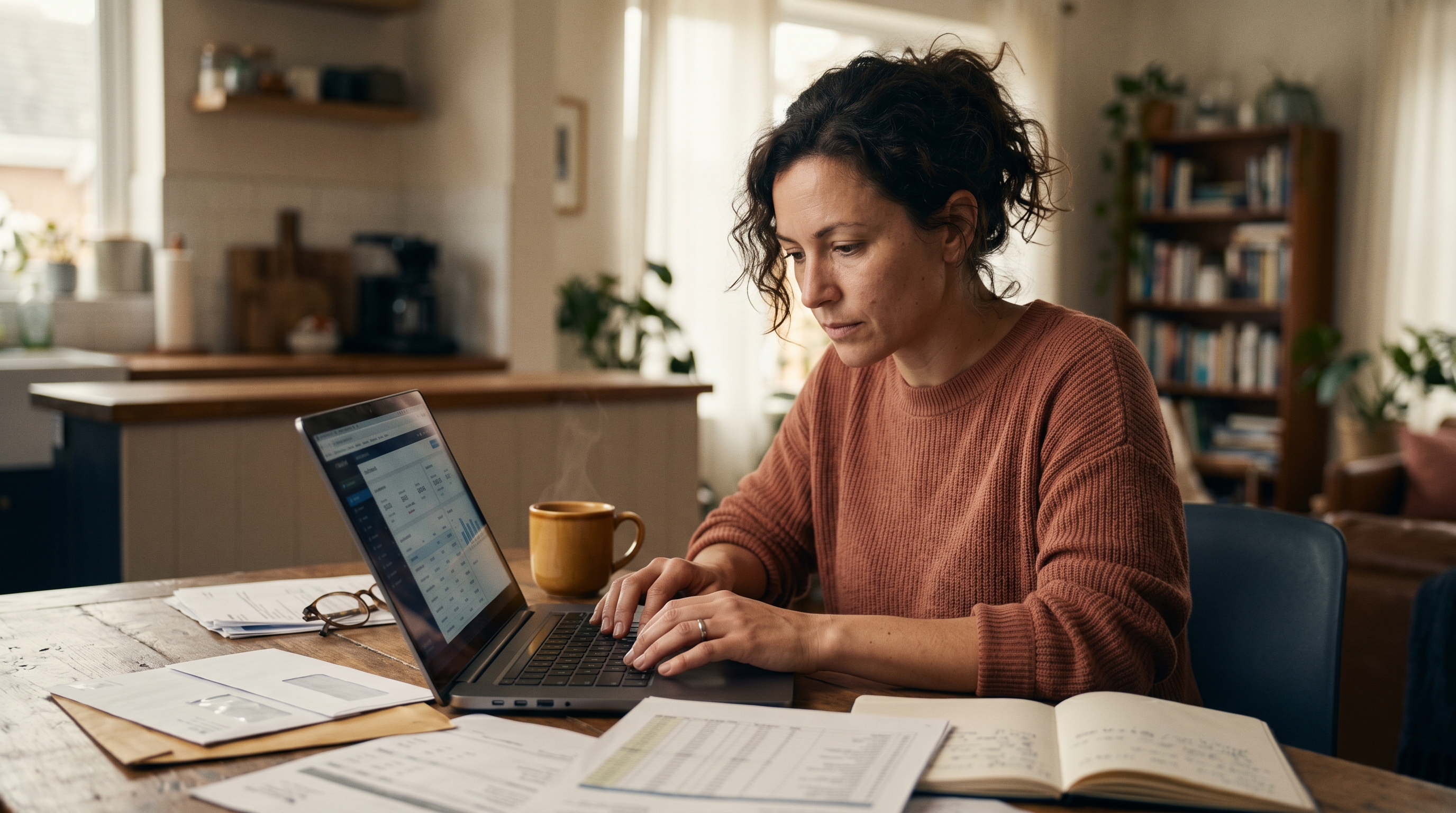 Small business owner reviewing monthly bills and invoices on a laptop at a kitchen table with coffee