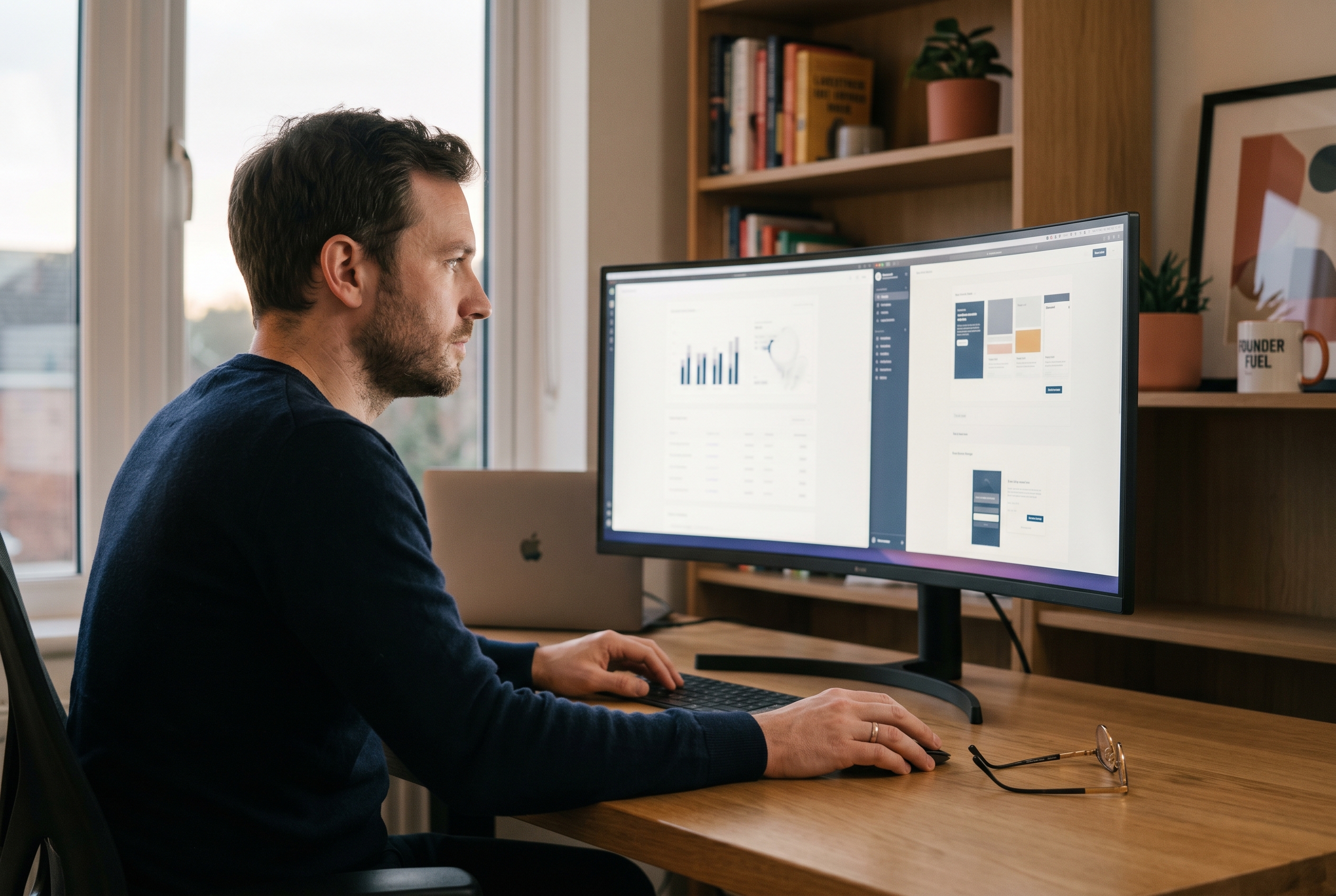Founder comparing two pricing pages side by side on a wide monitor in a quiet home office at dusk