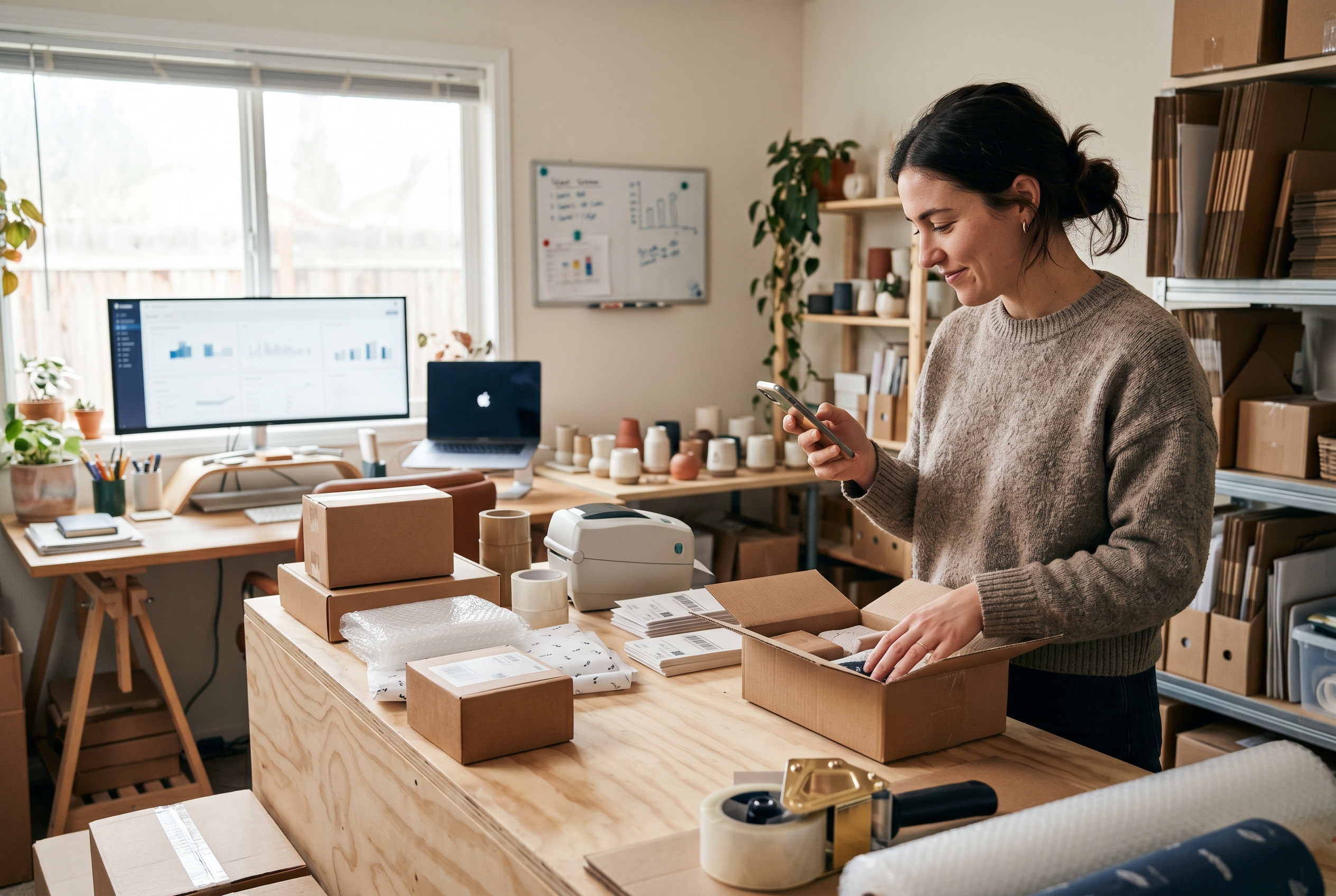 Online seller packing orders into shipping boxes while checking a phone payment notification in a small studio