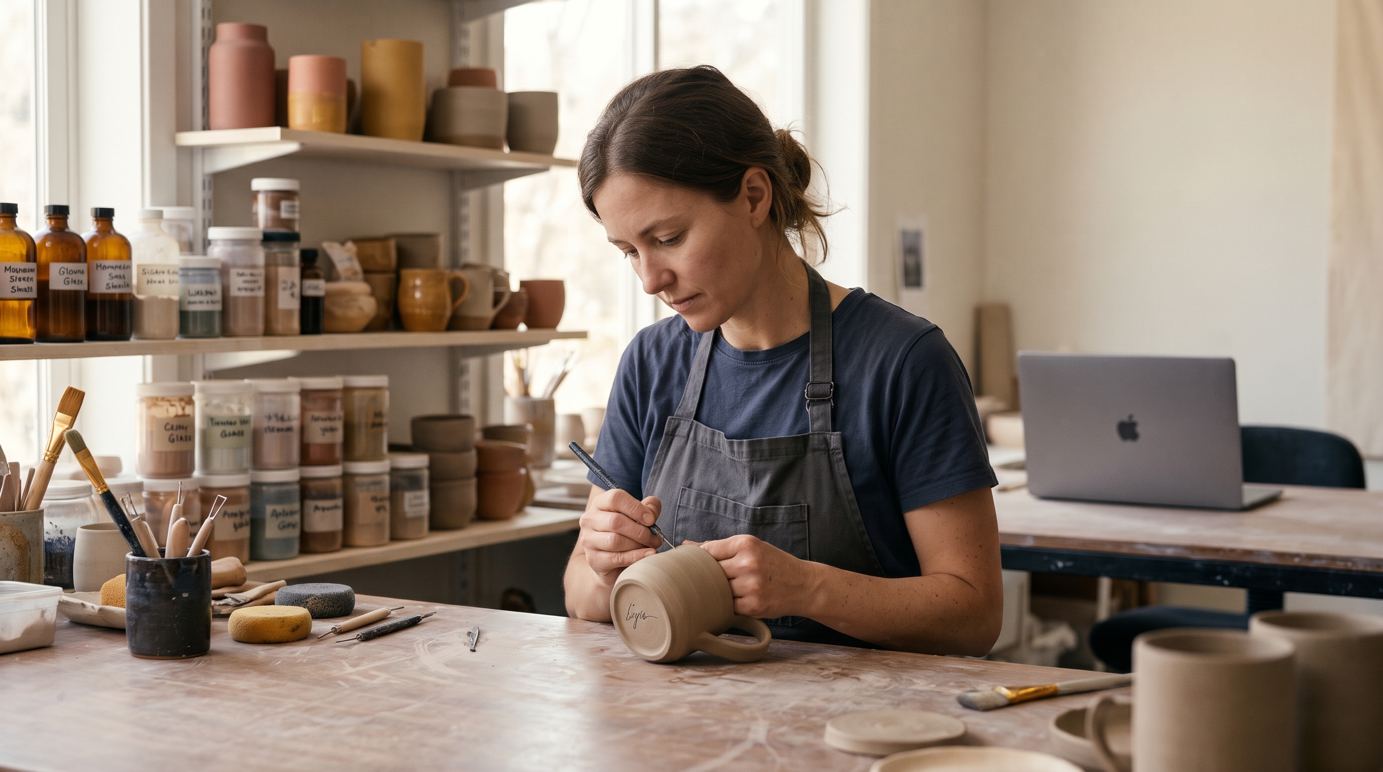 Ceramic artist signing the bottom of a handmade mug at a cluttered wooden studio table with glazes behind her