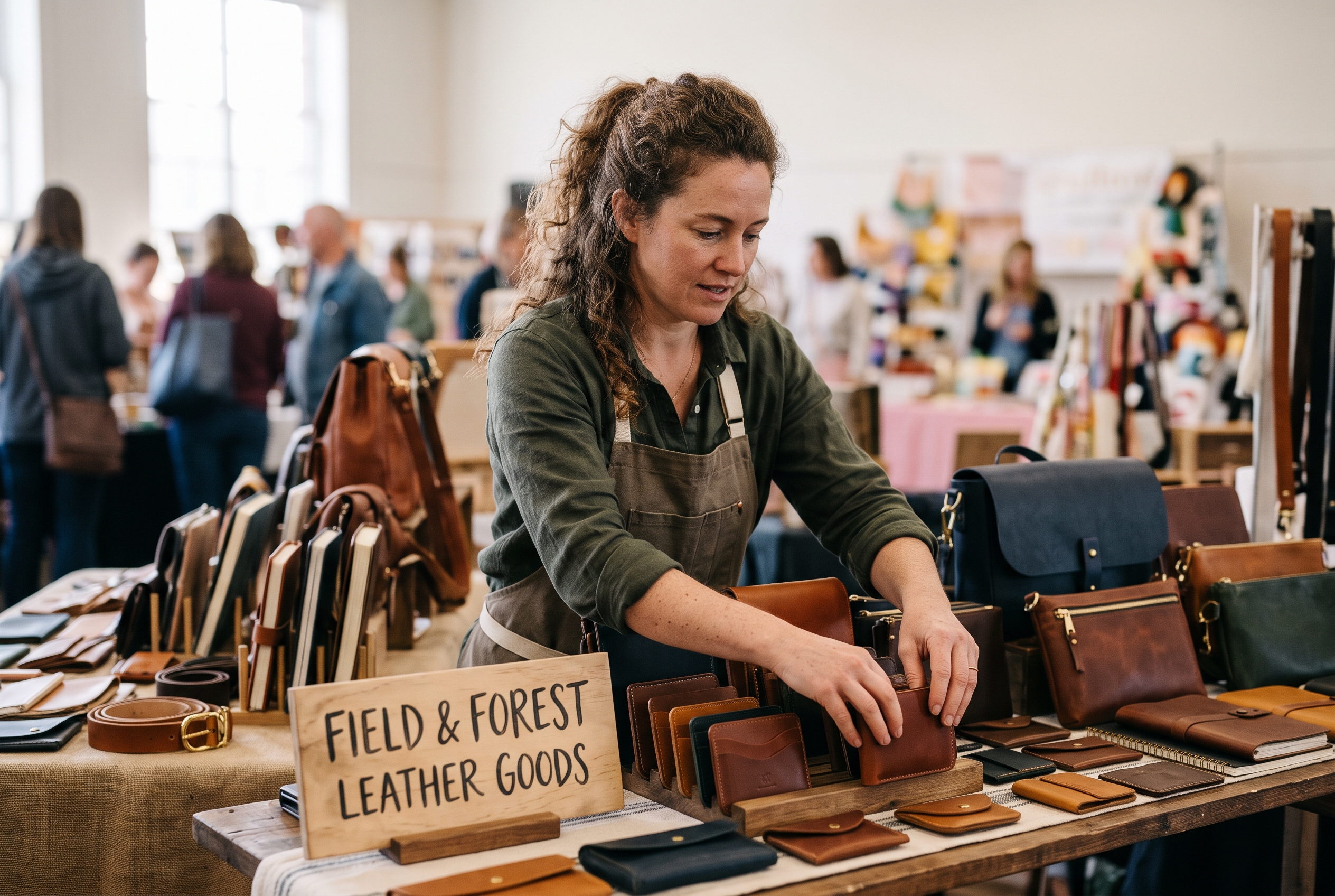 Woman at a craft fair booth arranging handmade leather goods with a small hand-lettered name sign in front