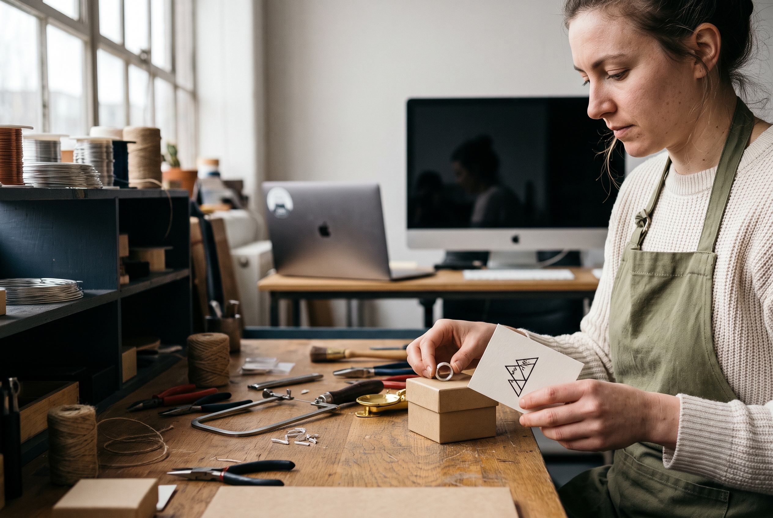 Jewelry maker wrapping a silver ring in a small box with a stamped logo card on a bright workbench