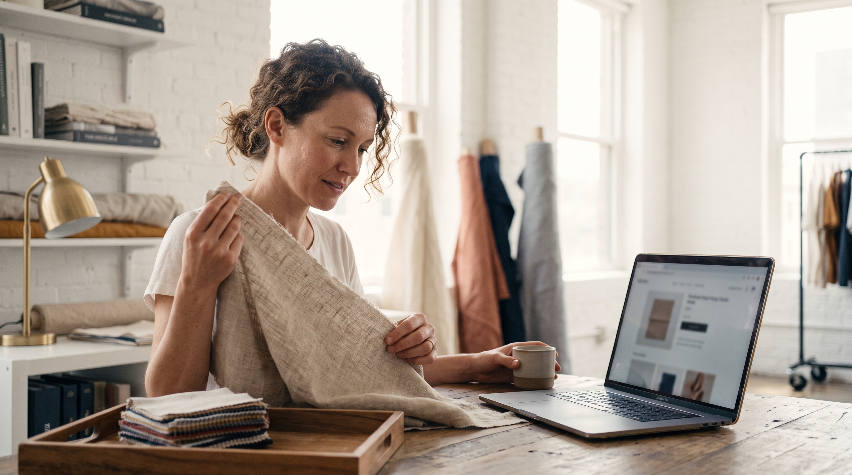 Small business owner selecting fabric swatches next to a laptop showing a product page in a bright studio