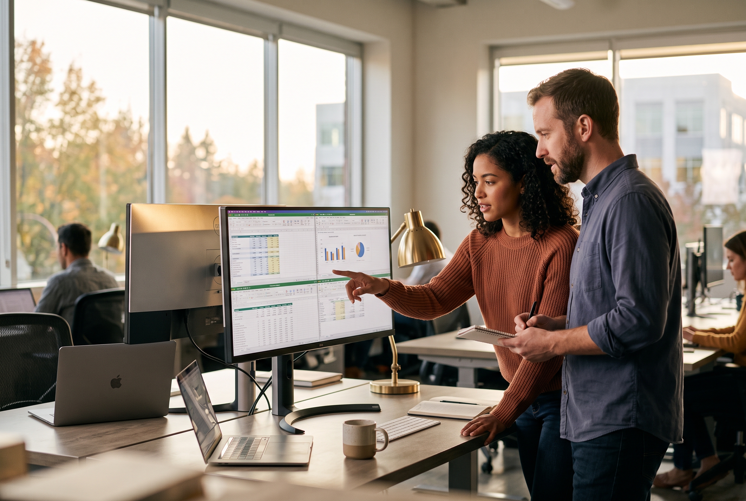 Two people comparing pricing spreadsheets on a wide monitor in a modern office at golden hour