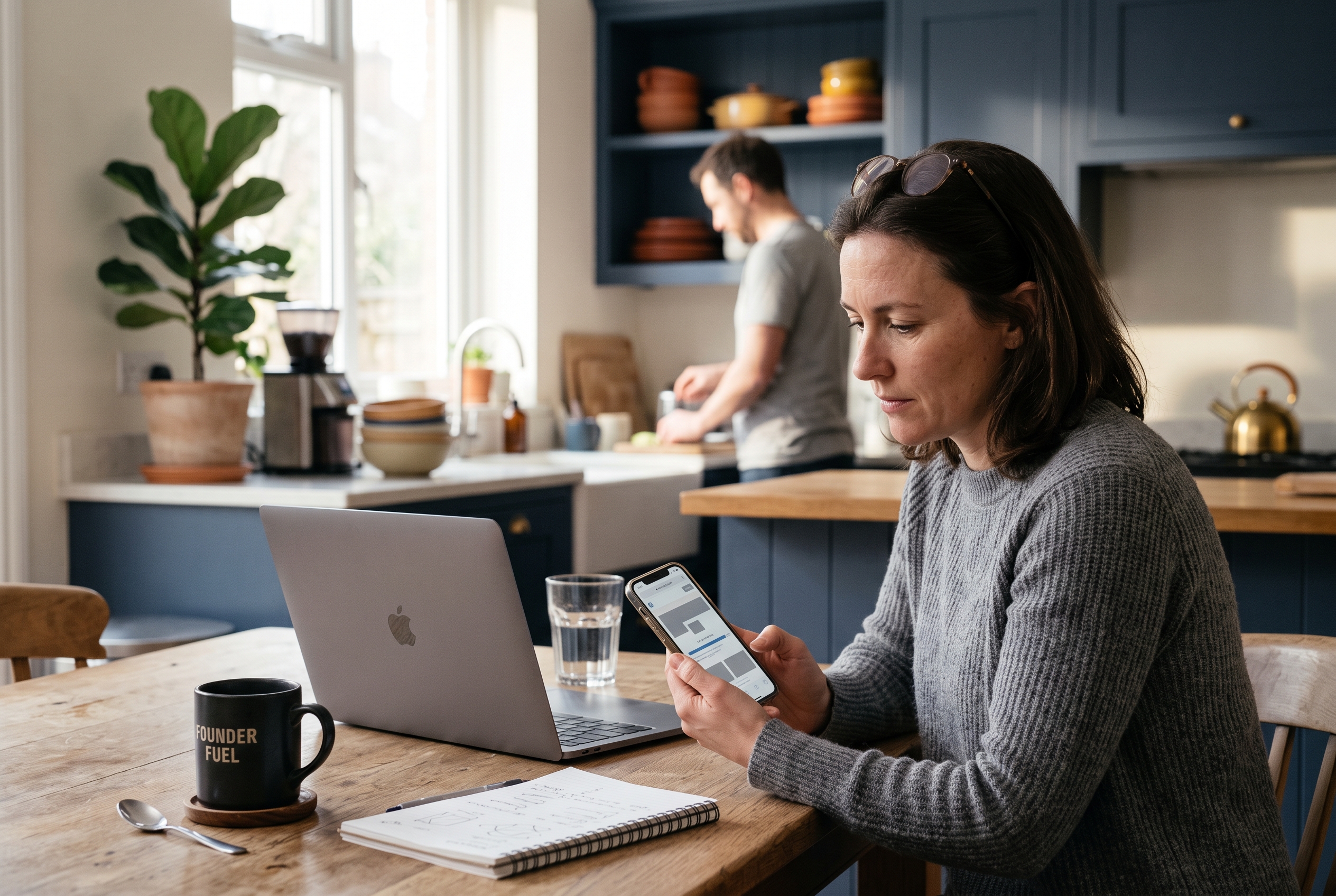 Founder reviewing a slow mobile page load on a phone over morning coffee at a kitchen table