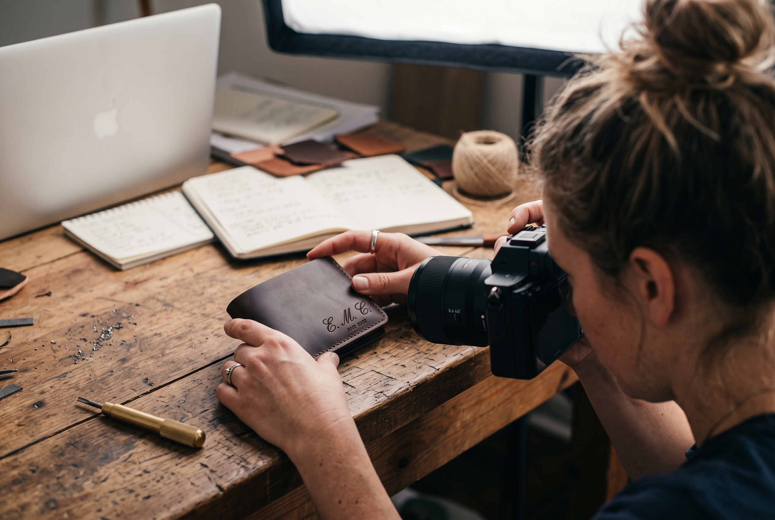 Merchant photographing a personalized engraved product on a wooden workbench under a softbox light