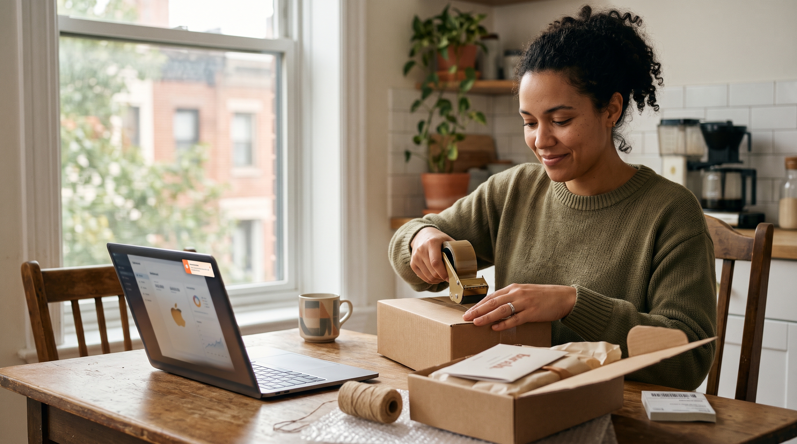 New store owner packing a first customer order at a kitchen table with a laptop showing a sales notification