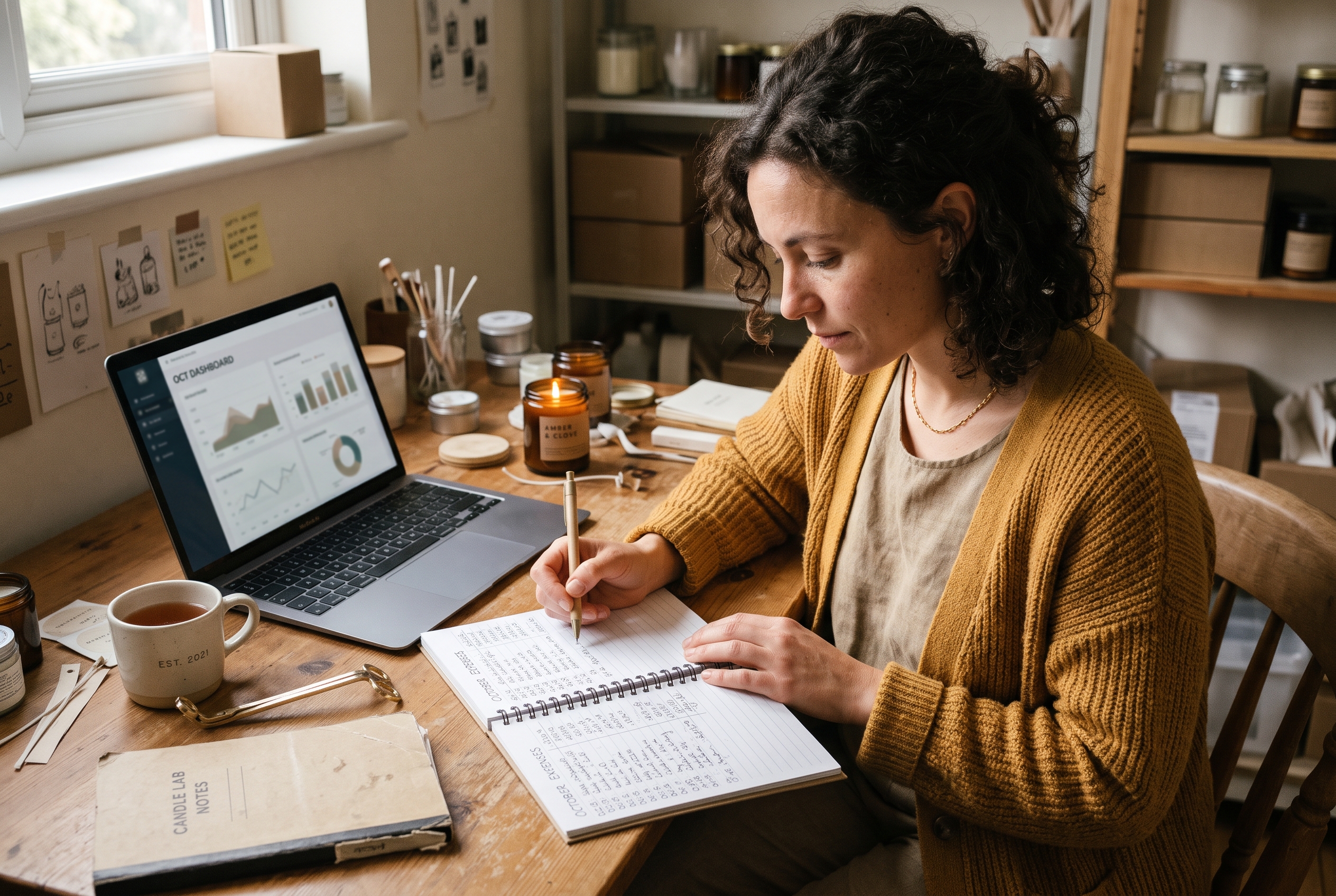 Owner of a small candle brand reviewing a handwritten expense ledger beside a laptop in a home studio