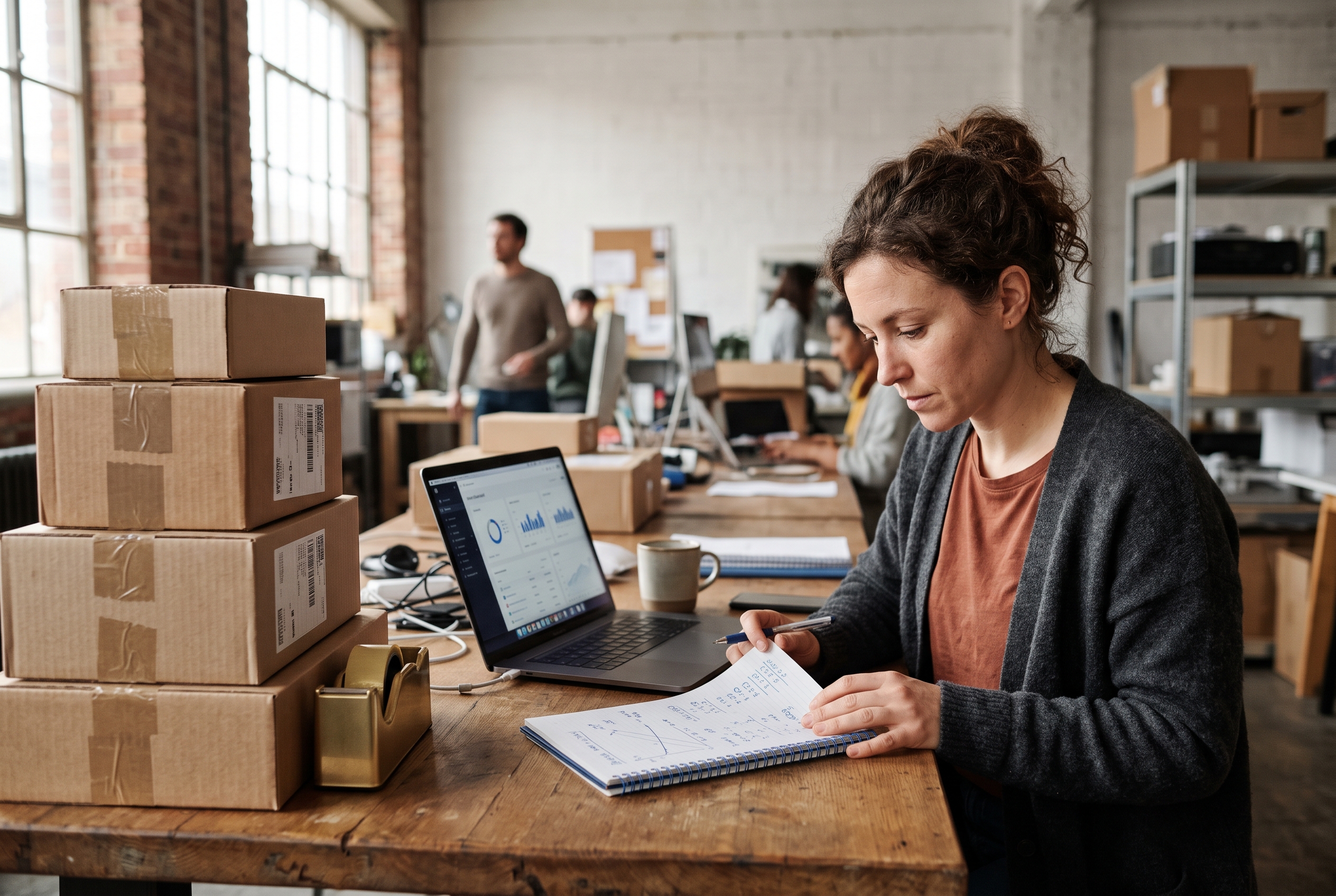 Entrepreneur calculating break-even numbers on a notepad next to a laptop and a stack of shipping boxes
