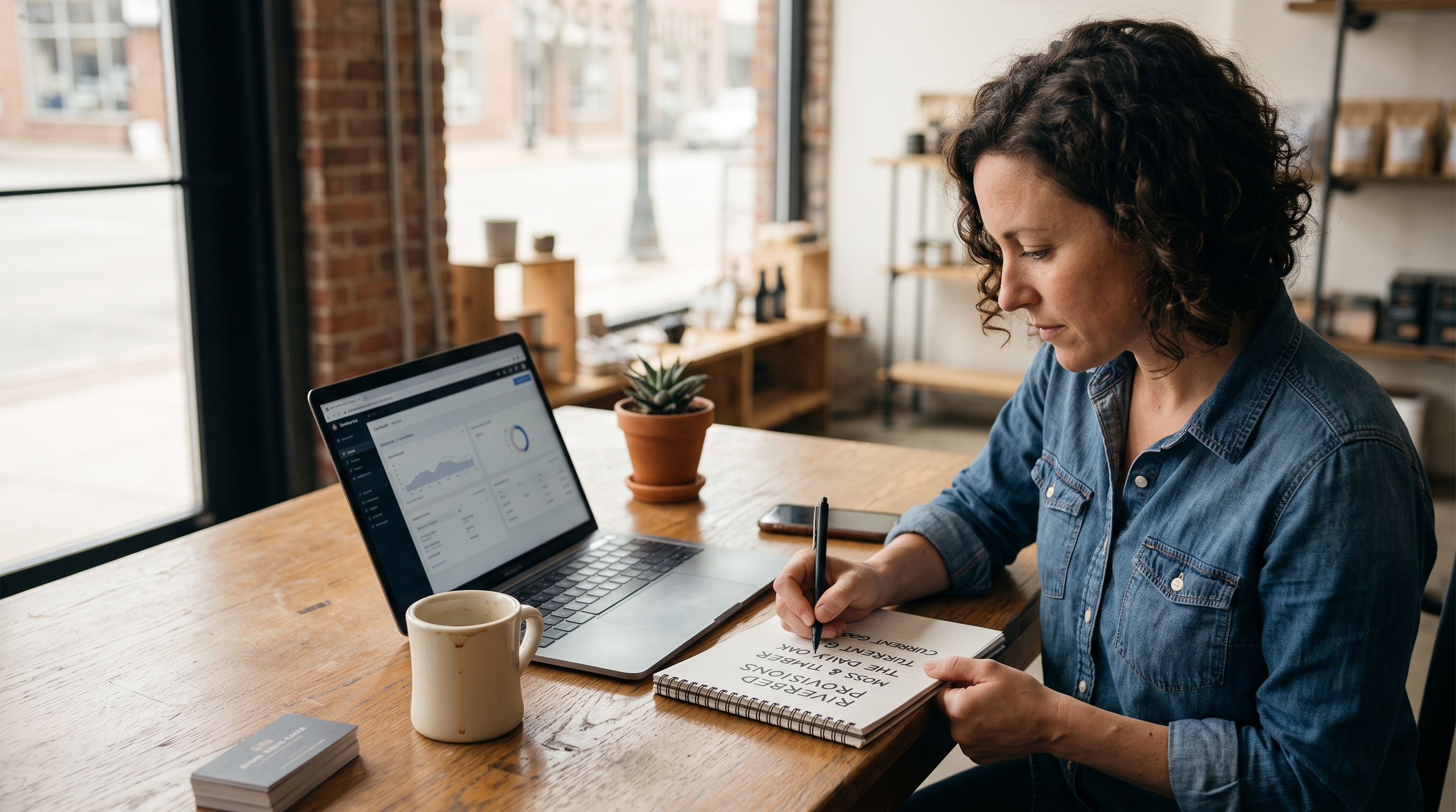Store owner writing name ideas on a notepad at a wooden desk beside a laptop and a coffee mug