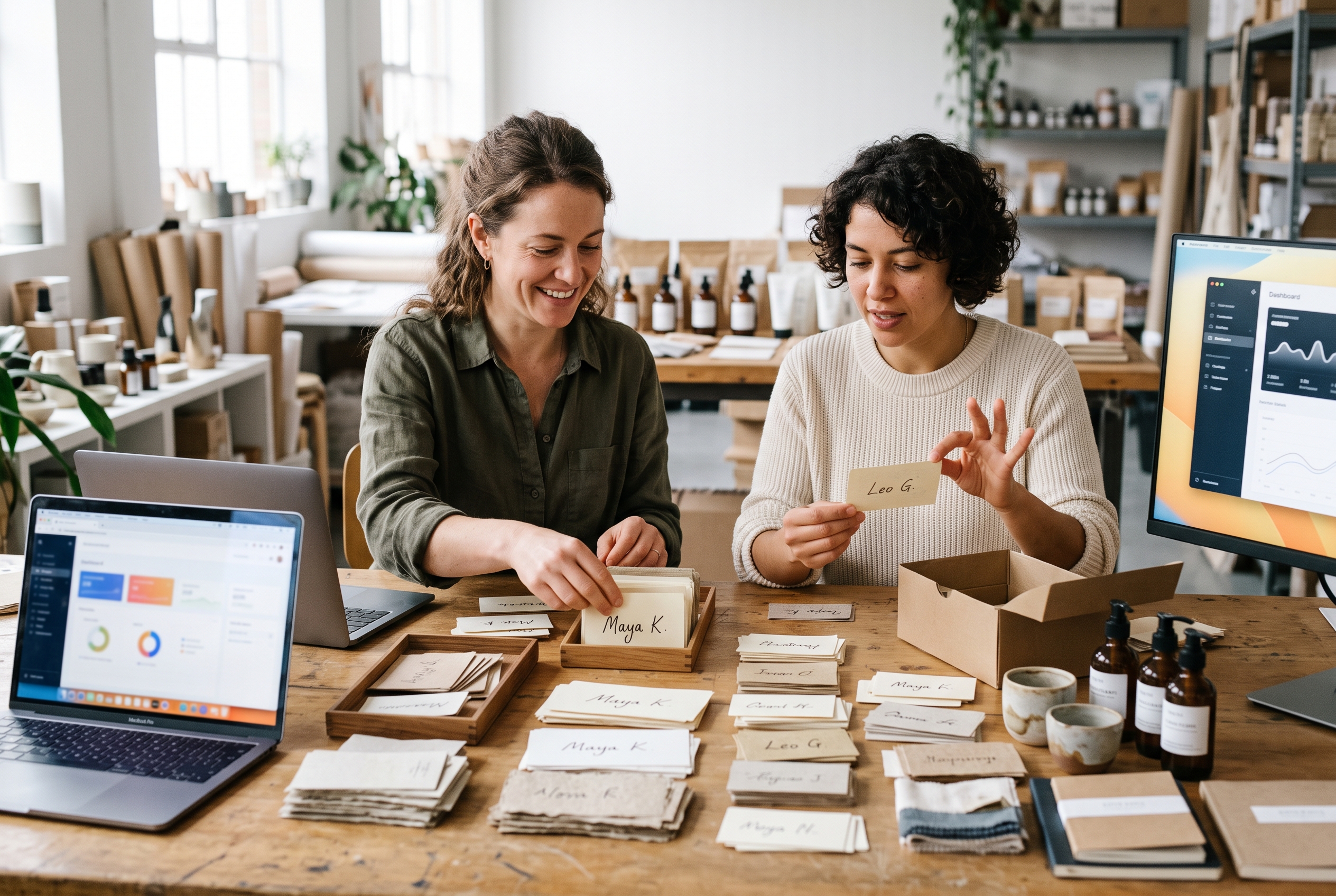 Two shop founders sorting handwritten name cards on a table in a bright studio with product samples