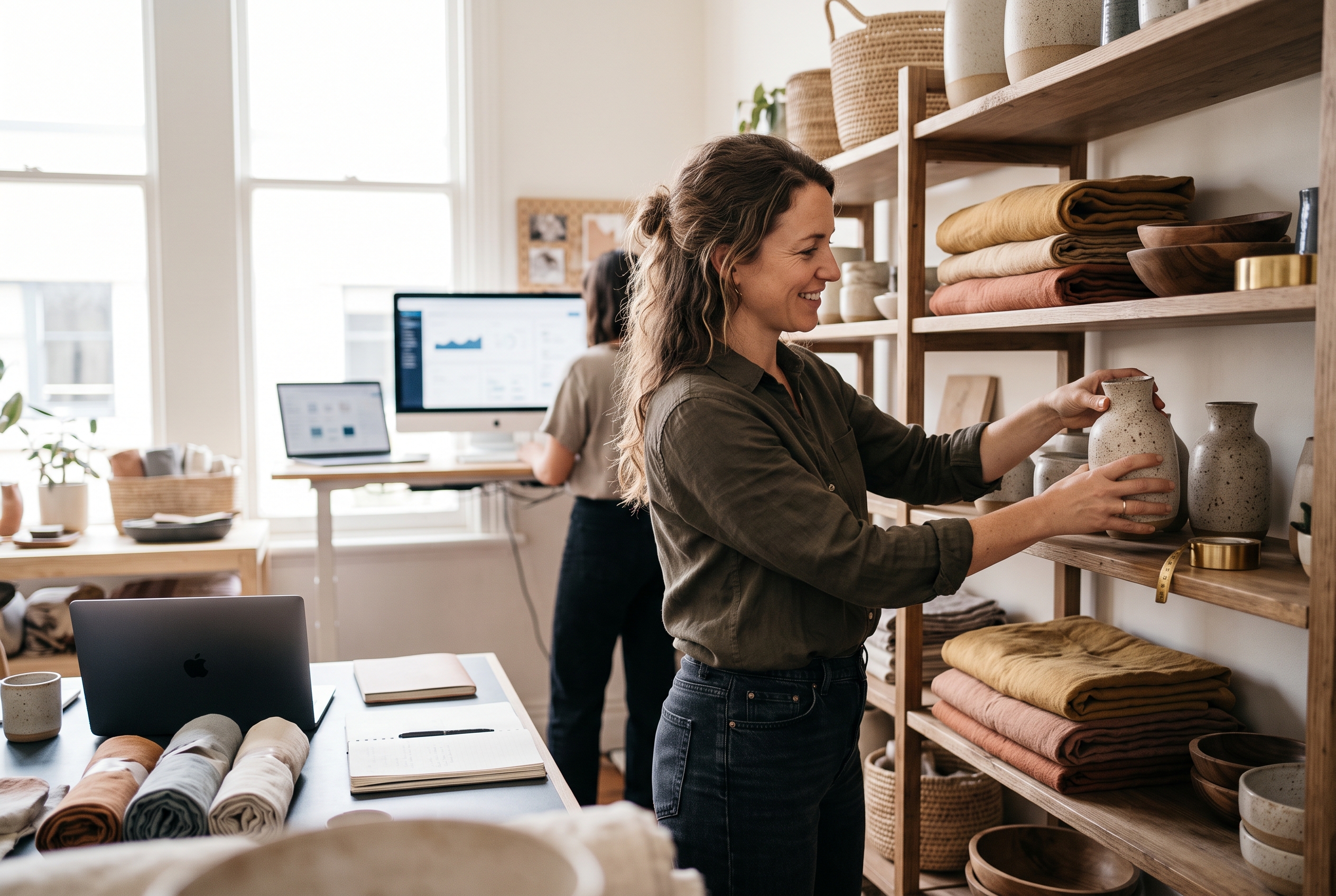 Shop owner arranging ceramic vases and linen throws on a wooden shelf in a sunlit home decor studio