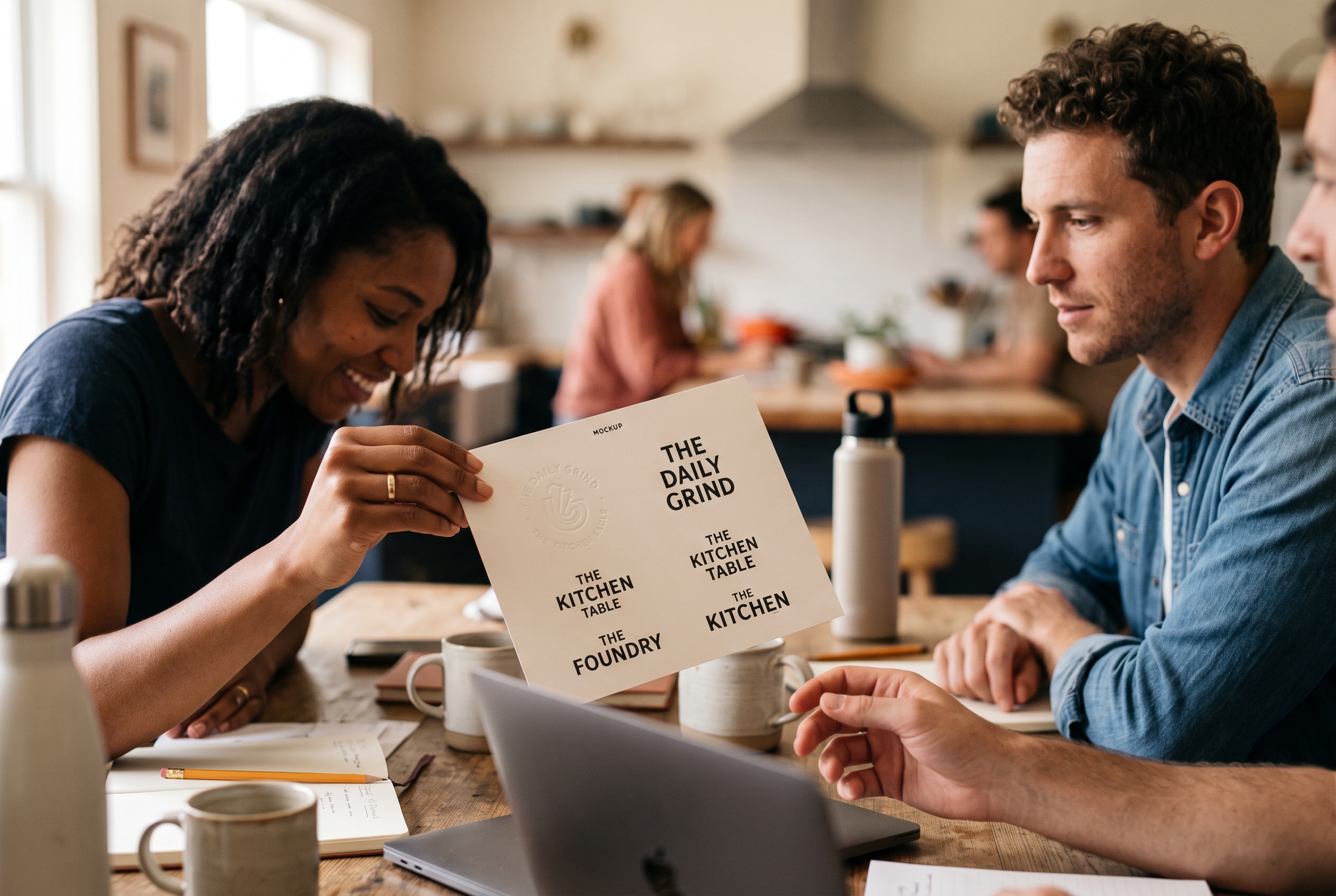 Founder testing shop name options by showing printed logo mockups to friends around a kitchen table