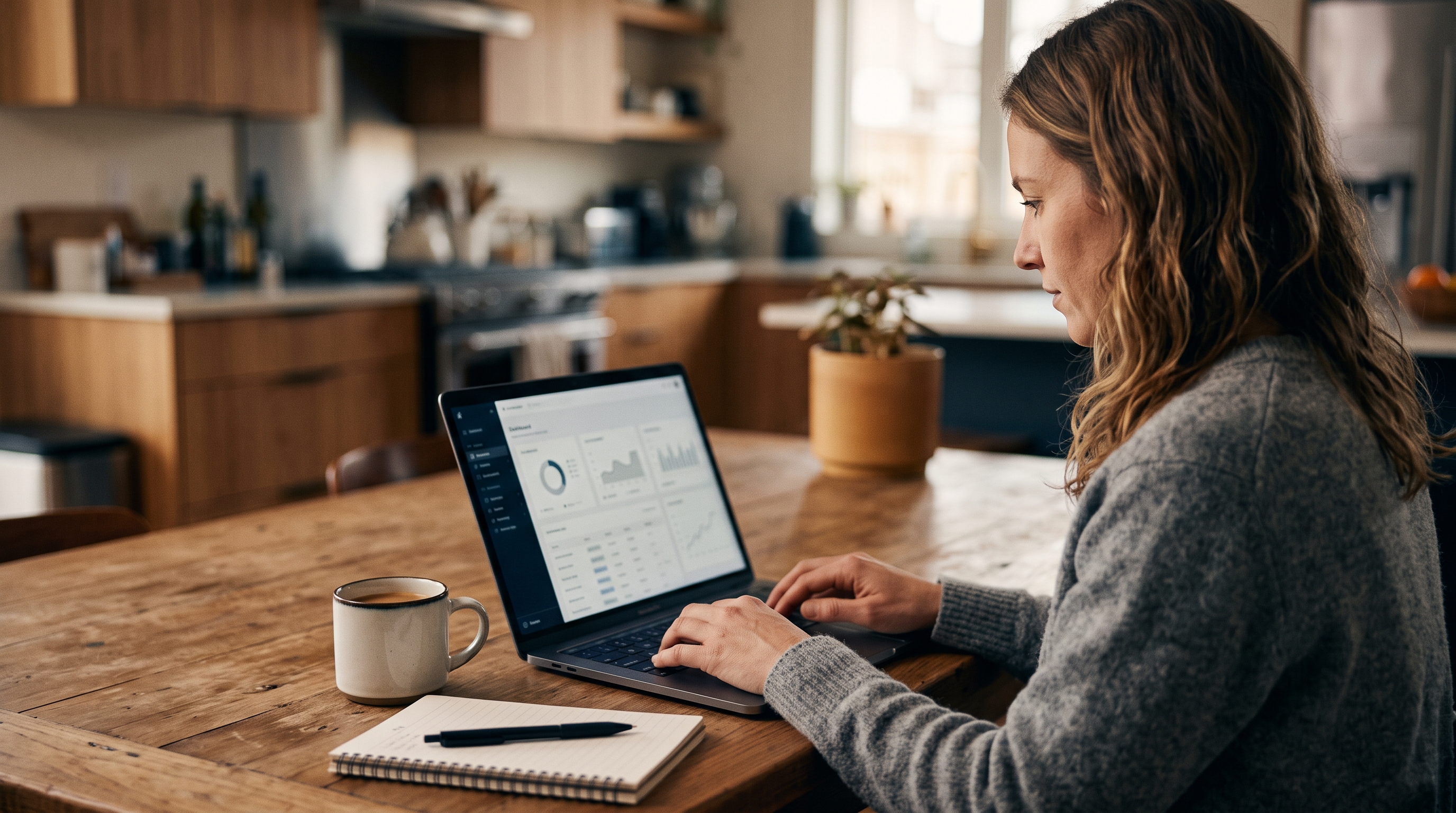 Founder comparing developer quotes on a laptop at a kitchen table with a coffee mug and notebook nearby