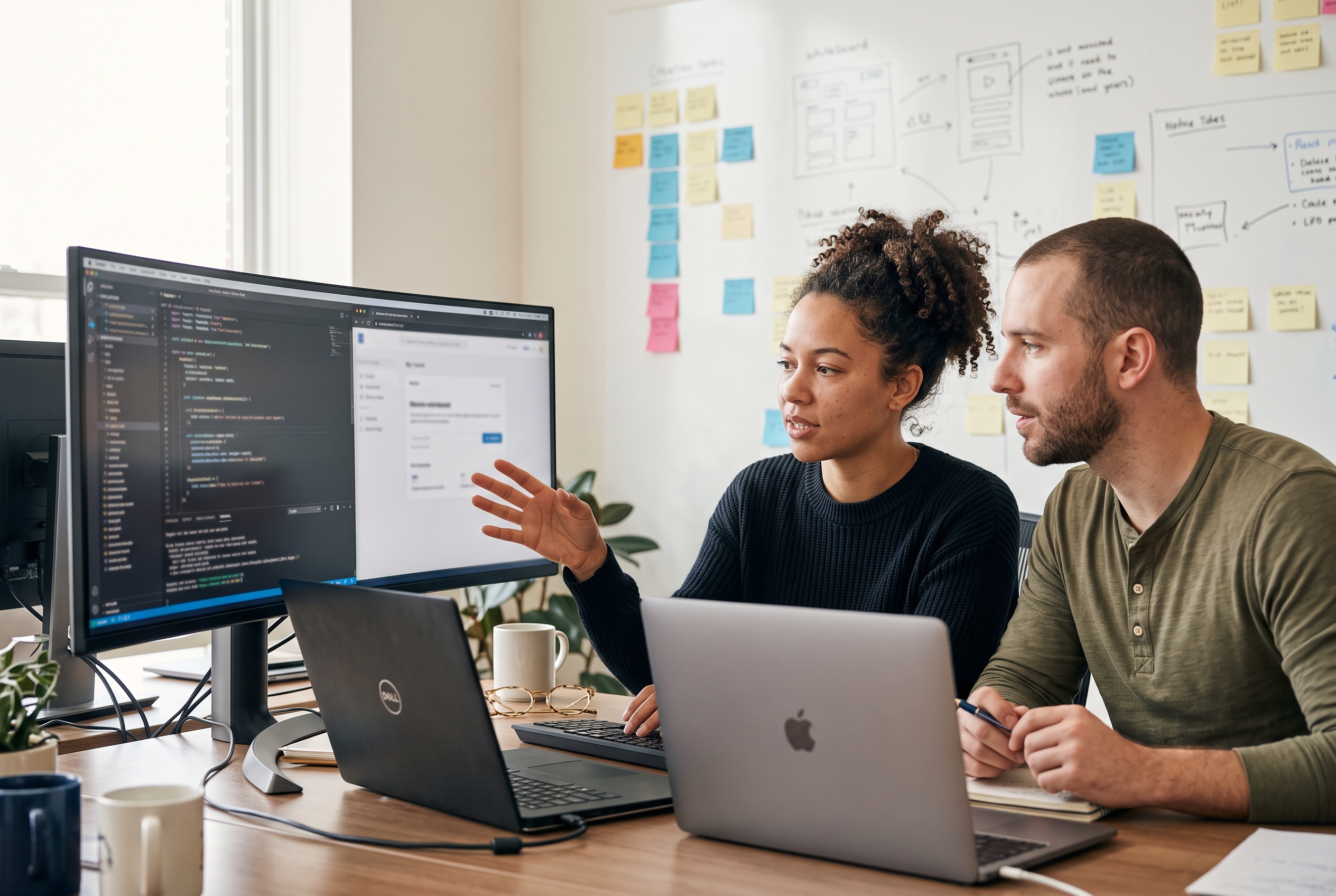 Two developers reviewing code side by side on a wide monitor in a bright office with sticky notes on the wall