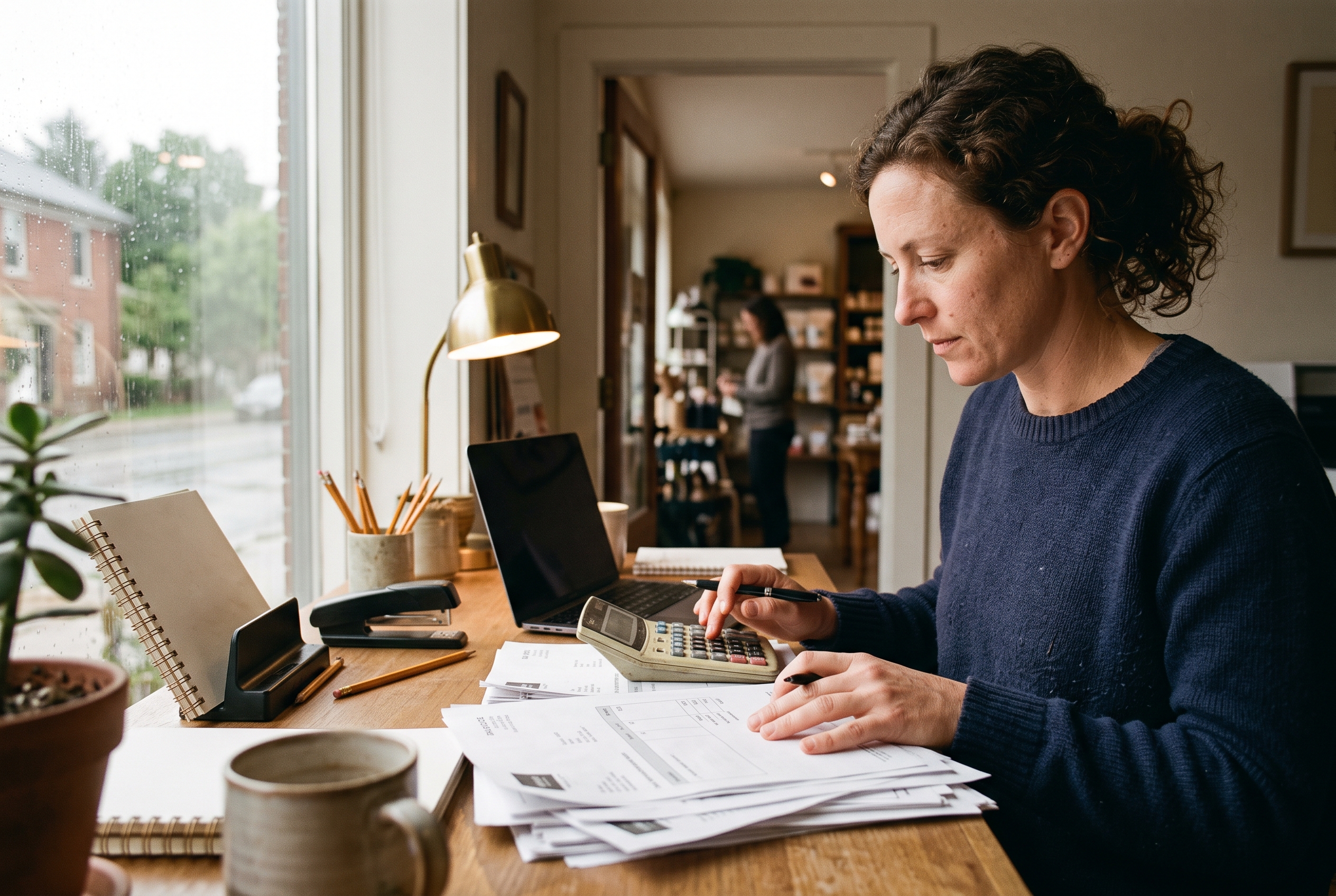 Small business owner reviewing a stack of printed invoices and a calculator at a desk by a window in the morning