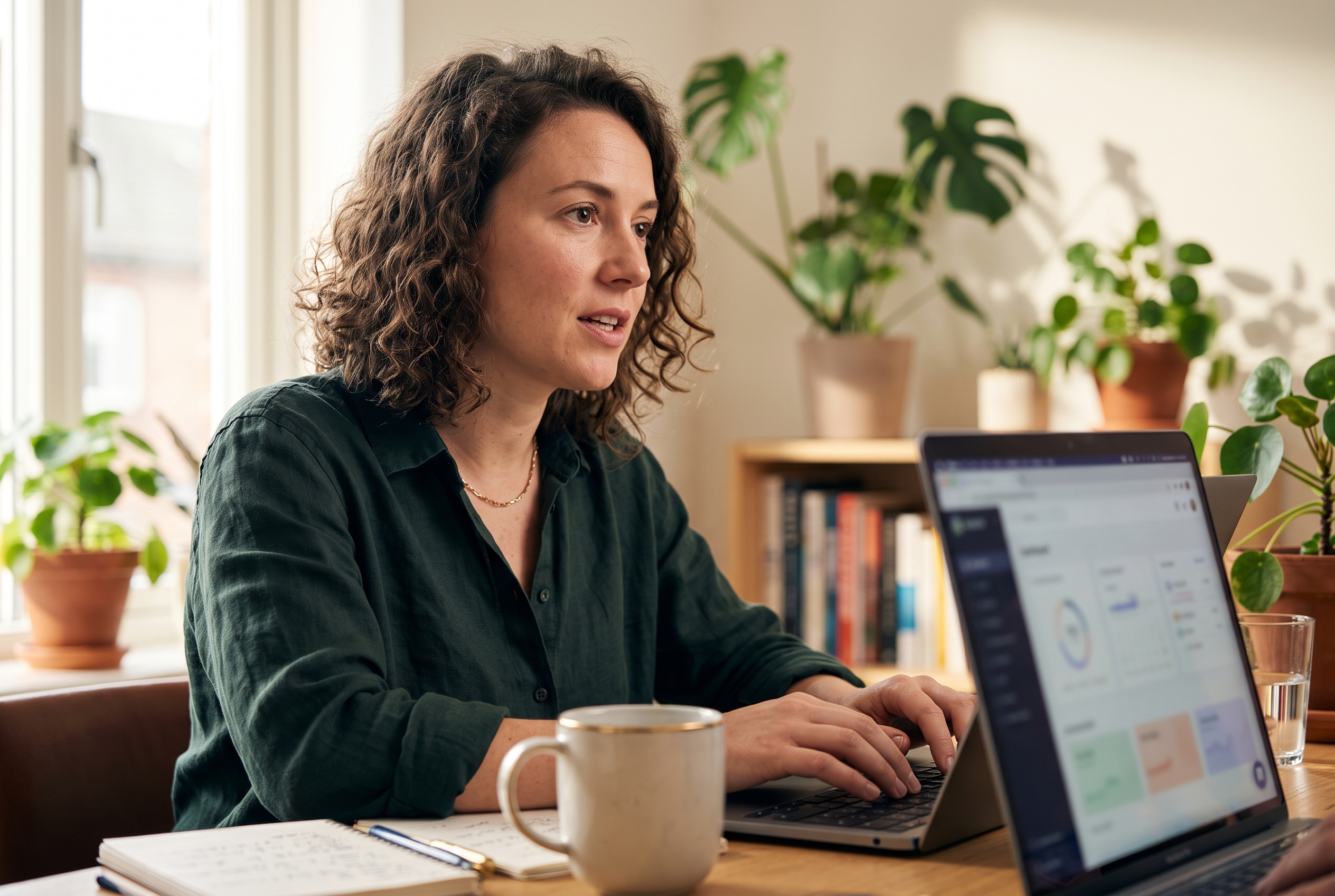 Founder describing her store idea aloud while typing on a laptop in a sunlit home office with plants behind her