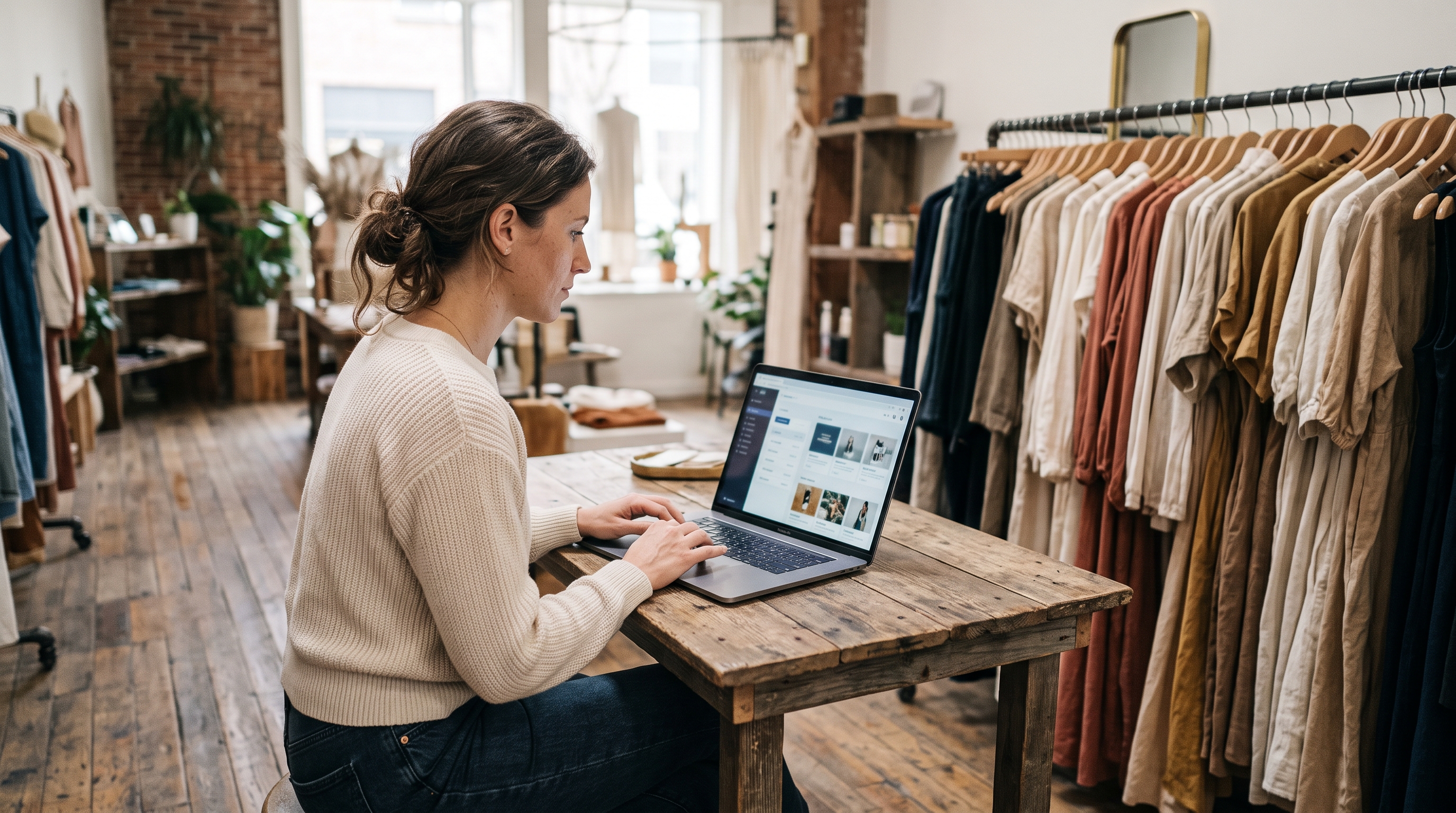 Boutique owner sitting at a wooden desk comparing fashion store websites on a laptop beside a rack of dresses