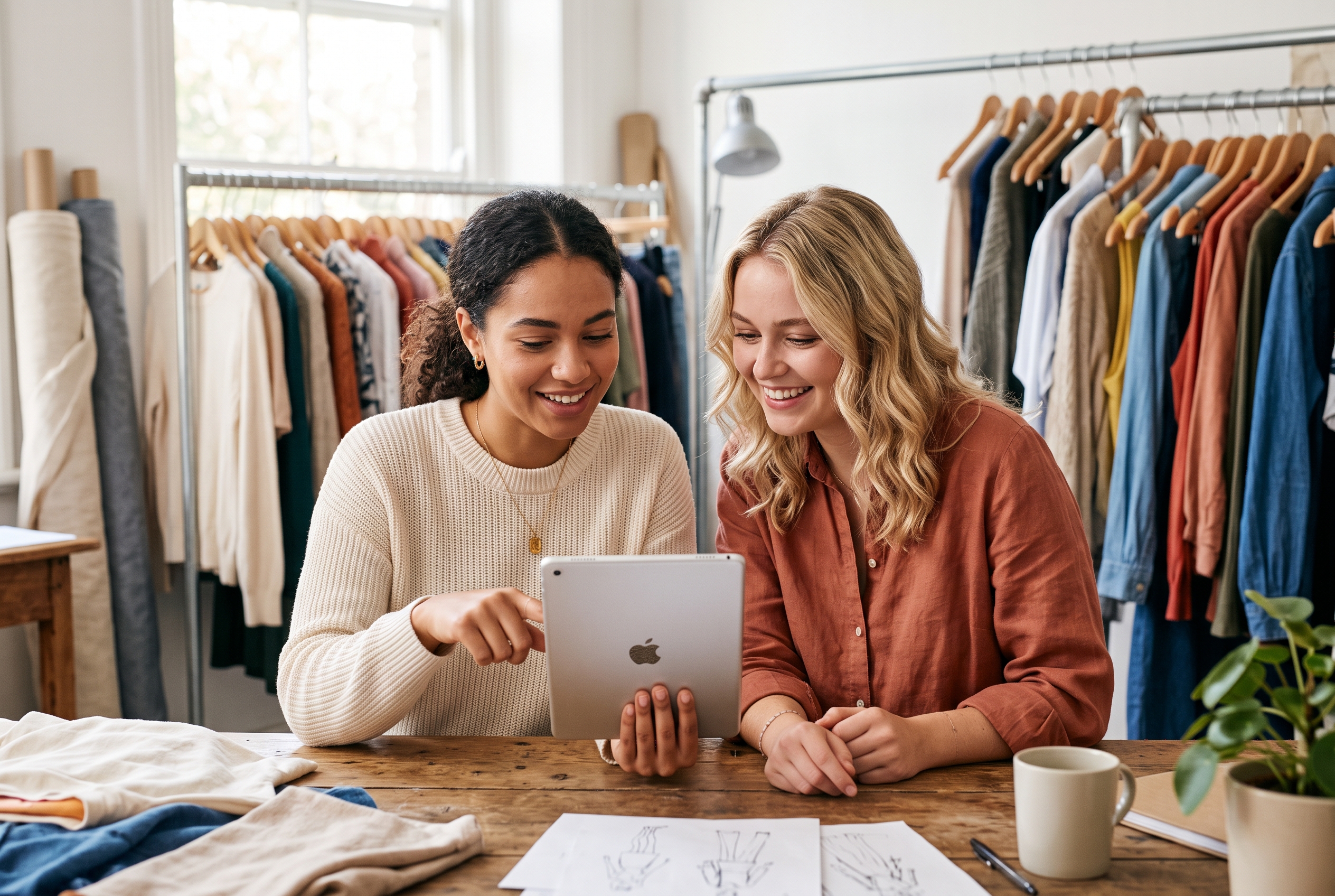 Two women browsing a fashion boutique website on a tablet in a bright studio with garment racks behind them
