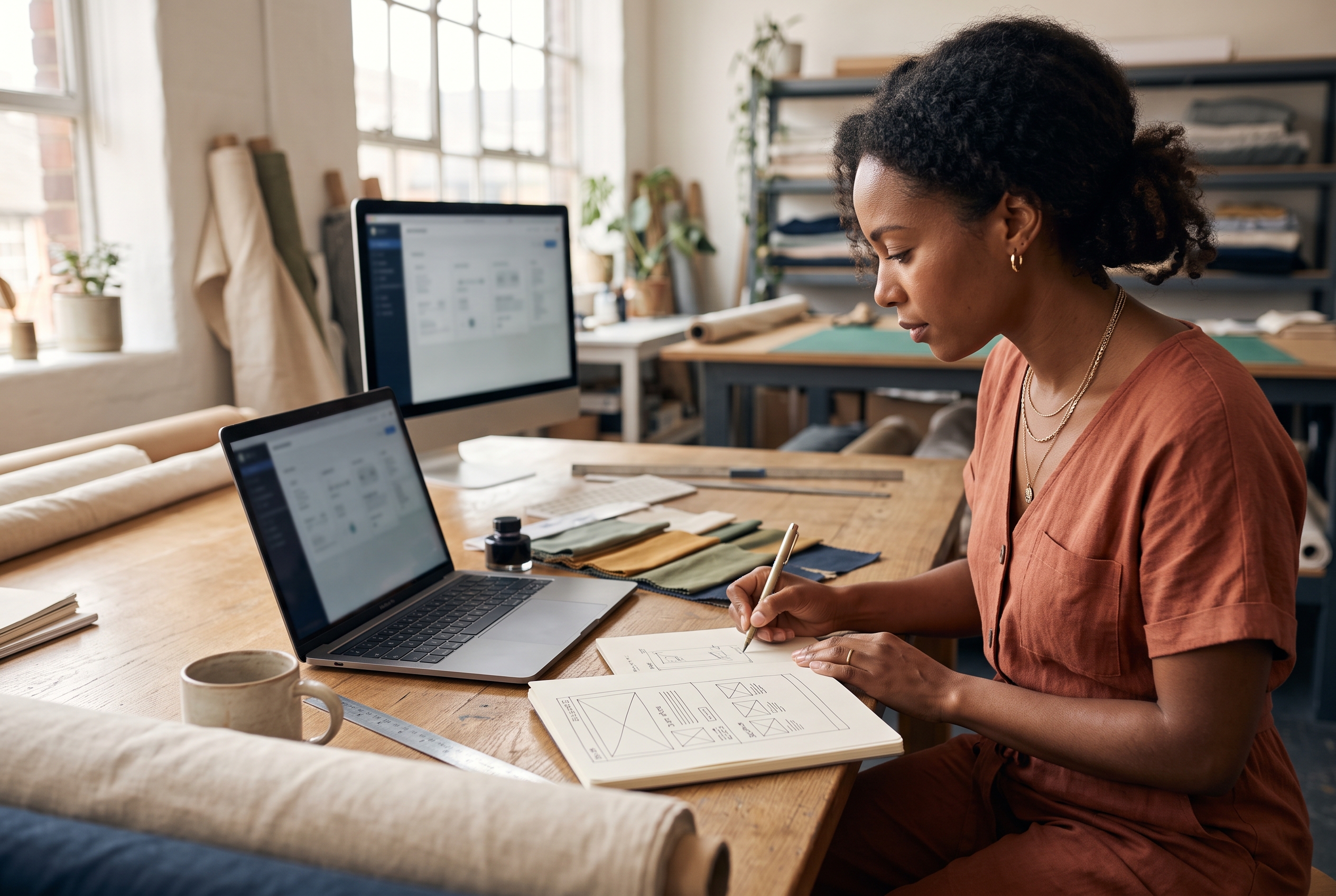 Boutique founder sketching a homepage layout on paper next to a laptop and fabric swatches