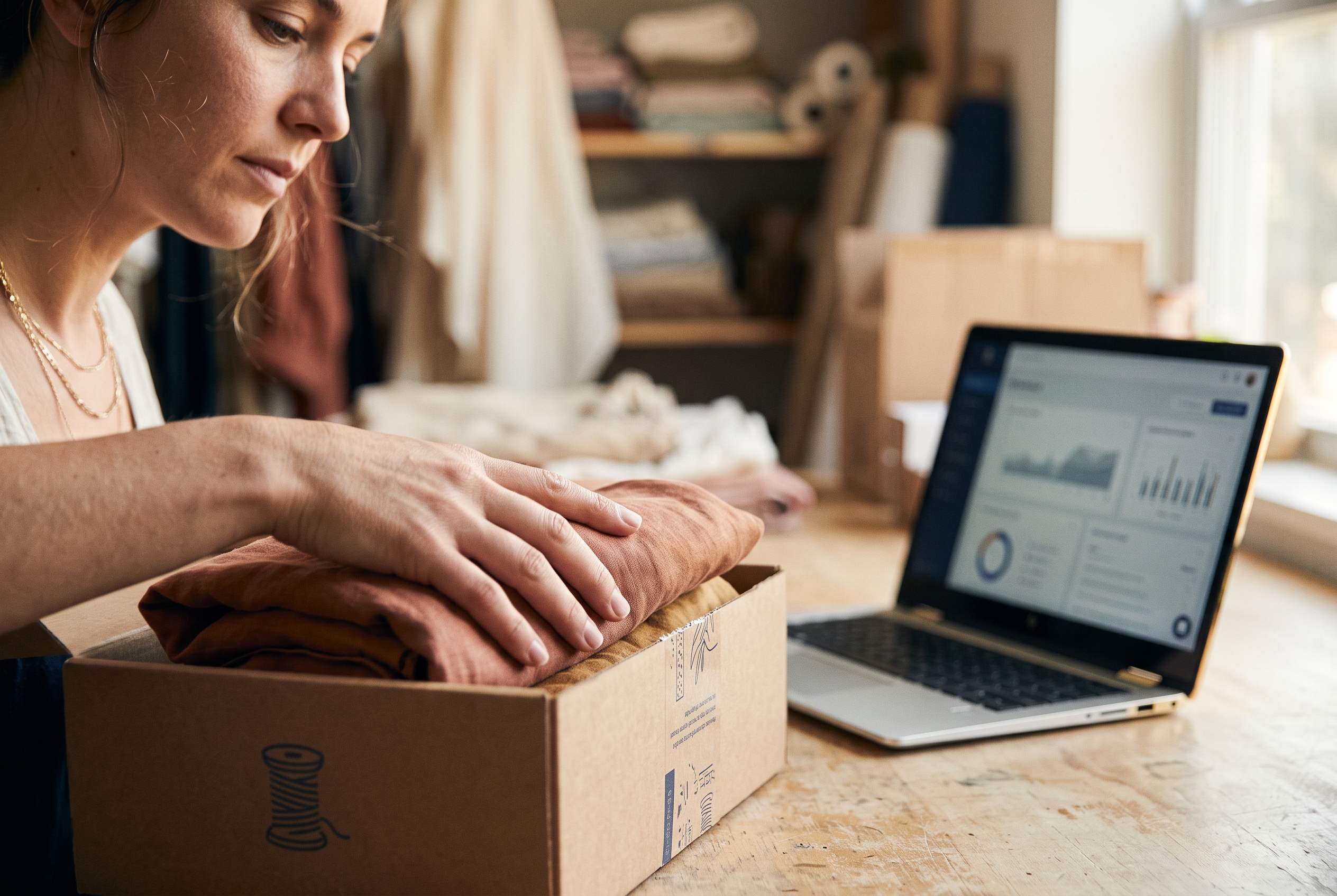 Boutique owner packing a folded blouse into a branded shipping box on a worktable beside a laptop