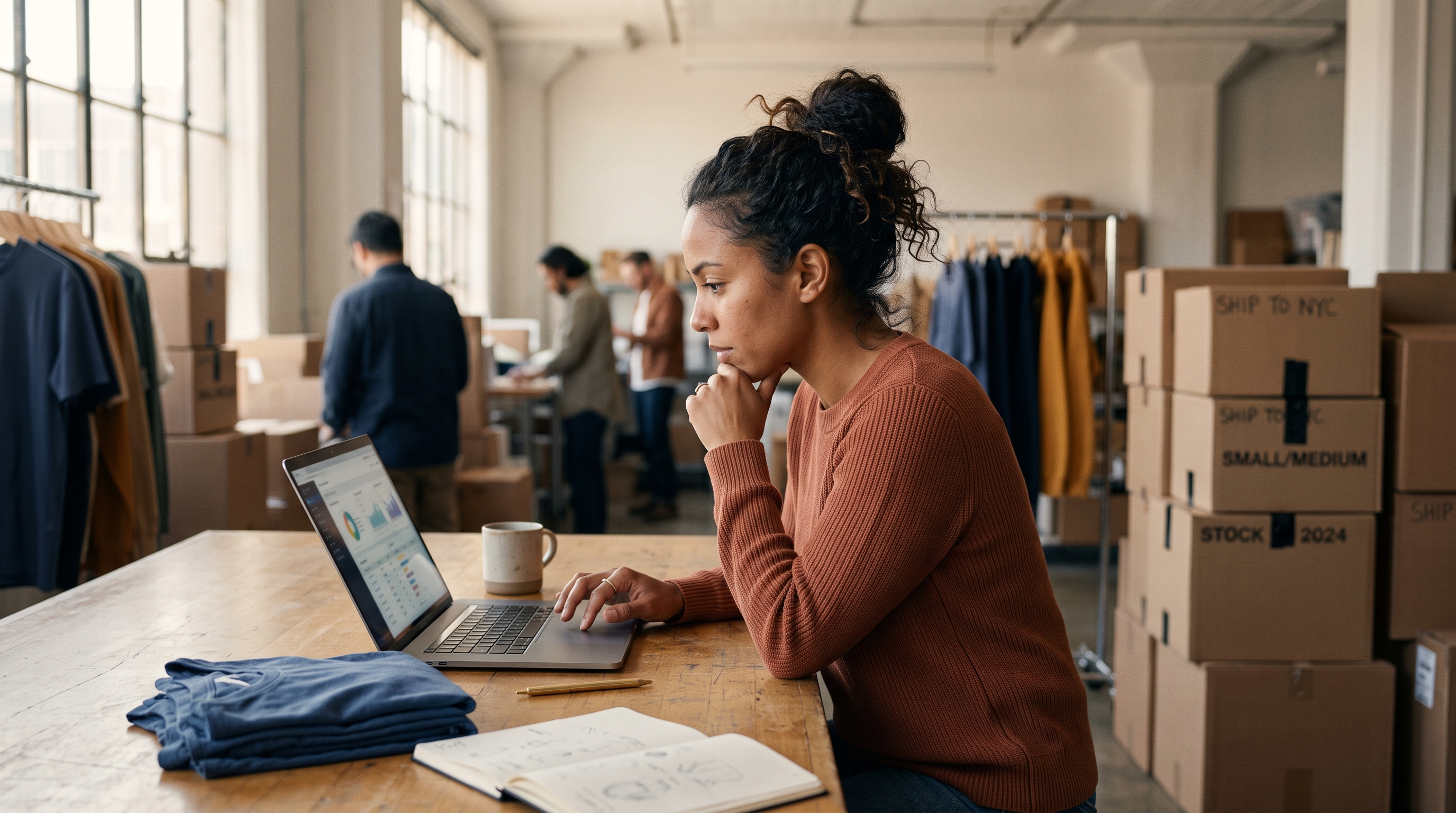 Clothing brand founder reviewing a spreadsheet of costs on a laptop beside folded t-shirts and shipping boxes