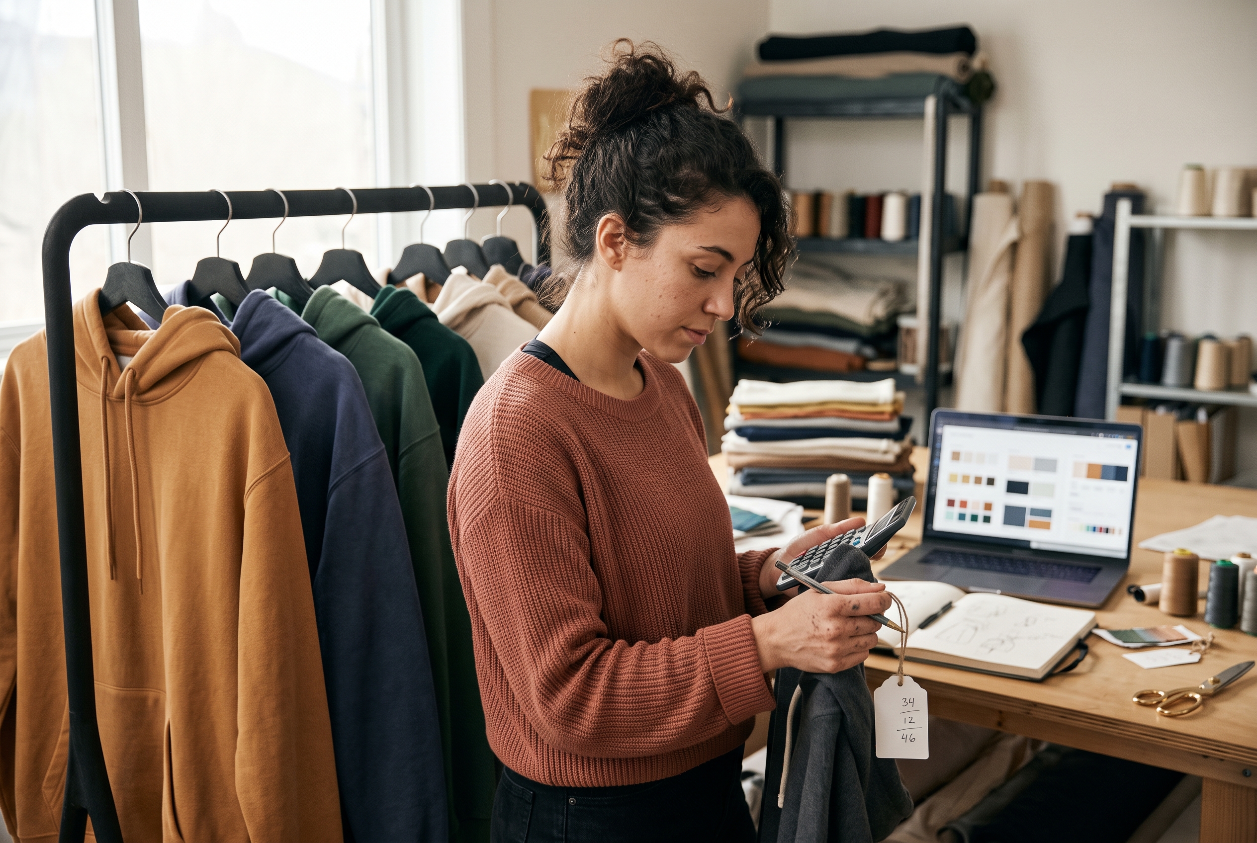 Designer pricing a rack of hoodies with a calculator and handwritten cost tags in a small studio