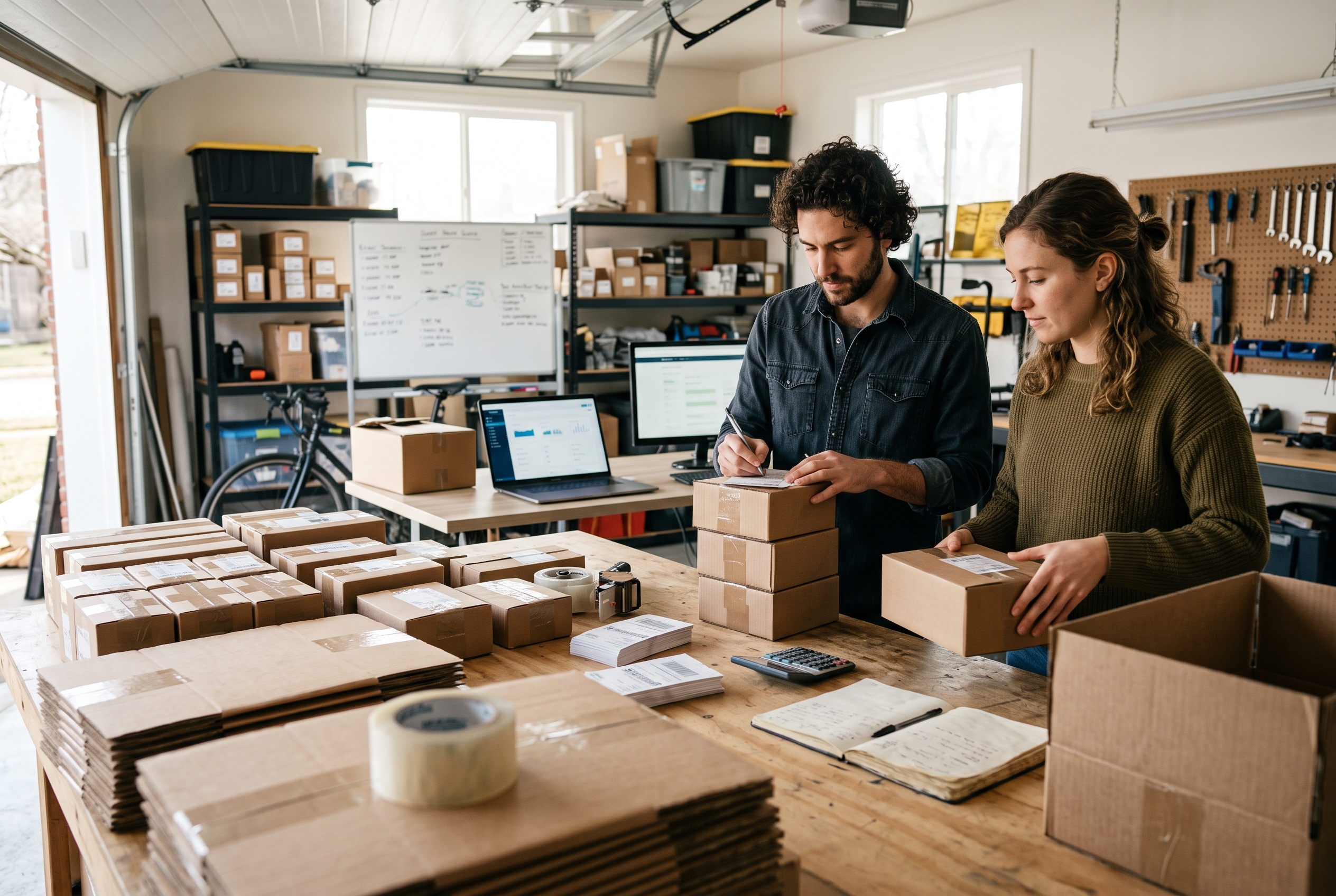 Two founders counting packaged orders at a long table in a bright garage workspace