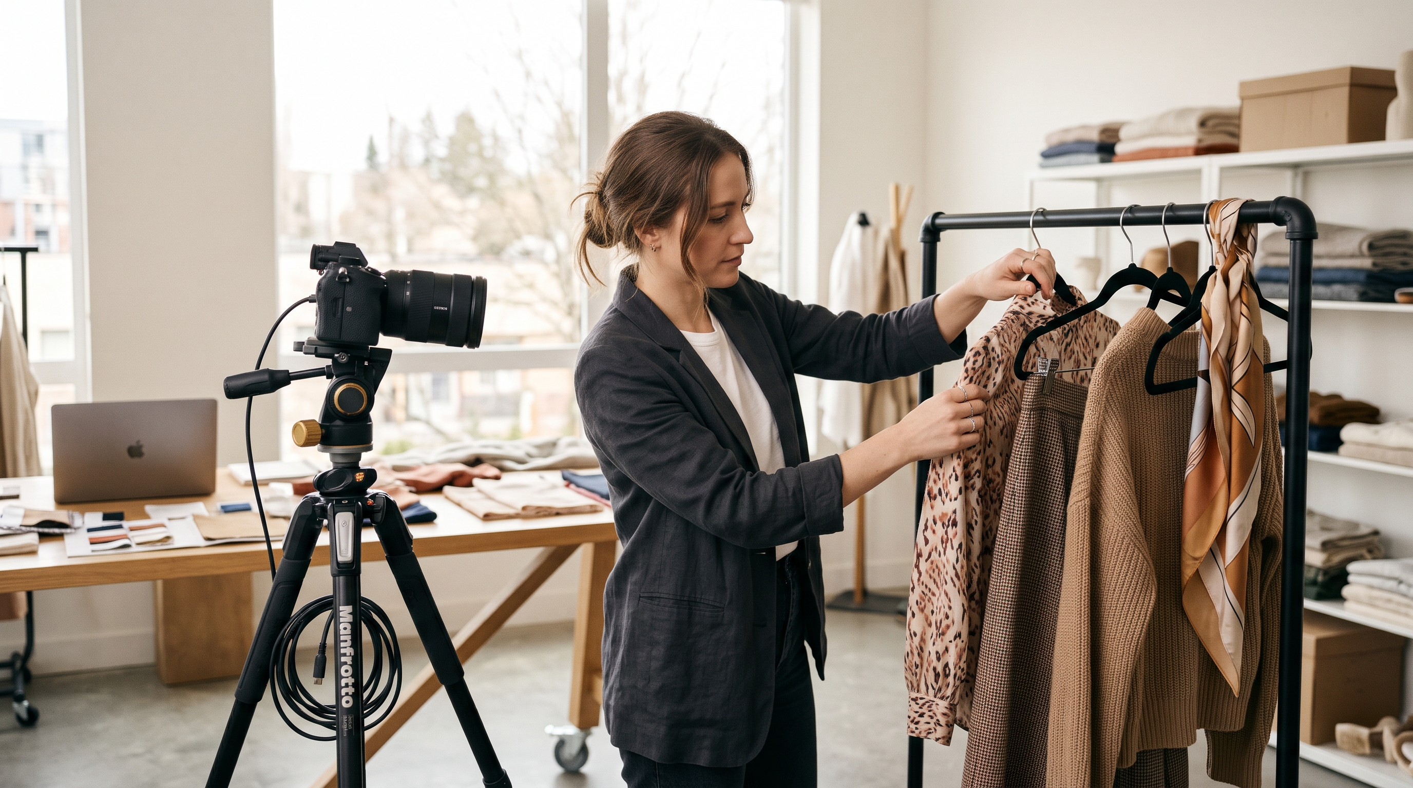 Boutique owner arranging a styled outfit on a rack beside a camera on a tripod in a bright studio
