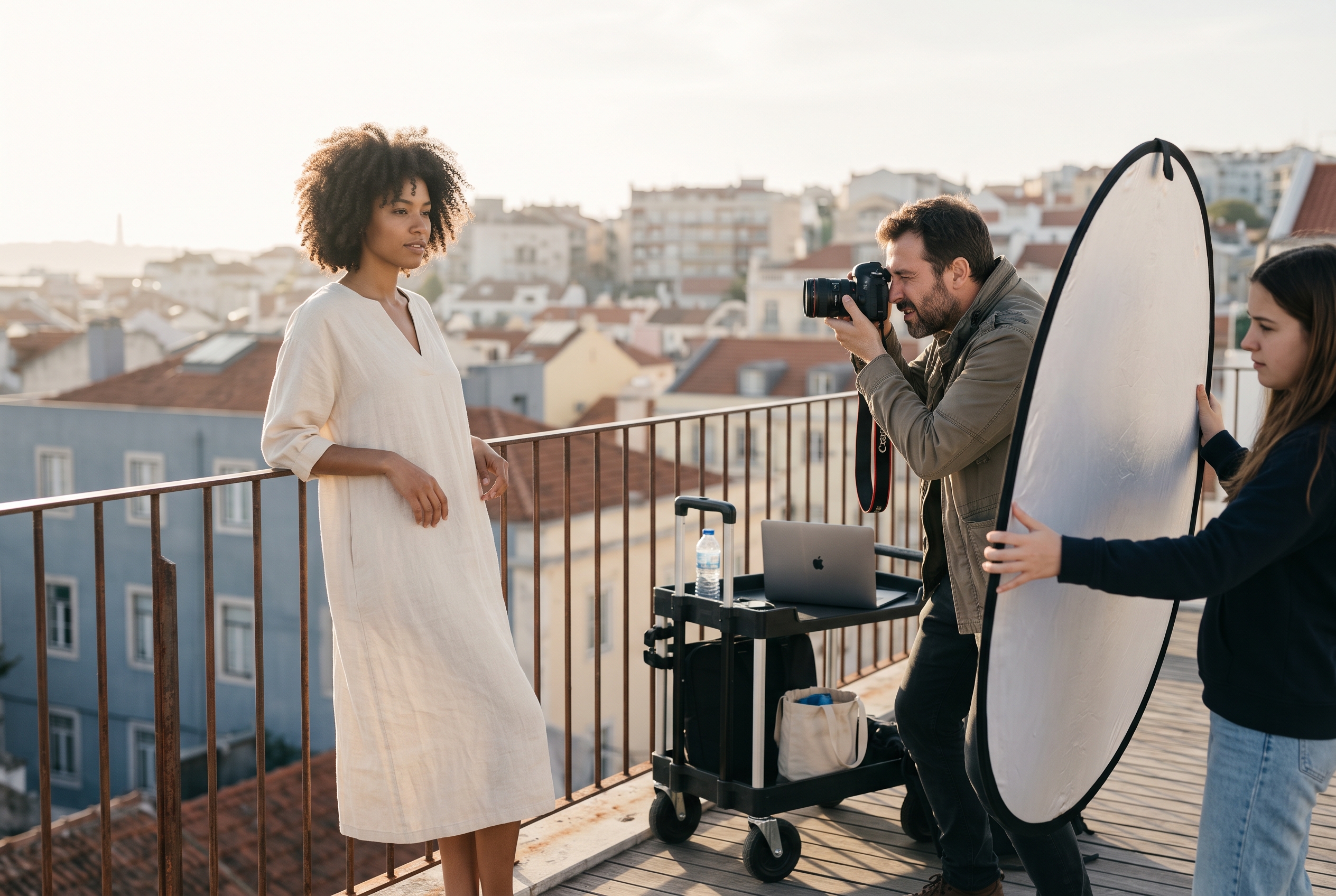 Photographer shooting a model in a linen dress on a sunlit city rooftop while an assistant holds a reflector