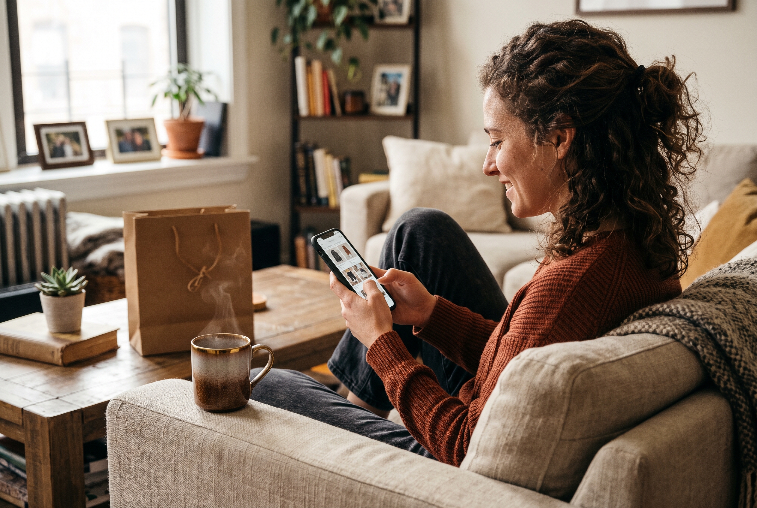 Shopper on a sofa browsing a styled outfit page on her phone with a coffee and shopping bag nearby