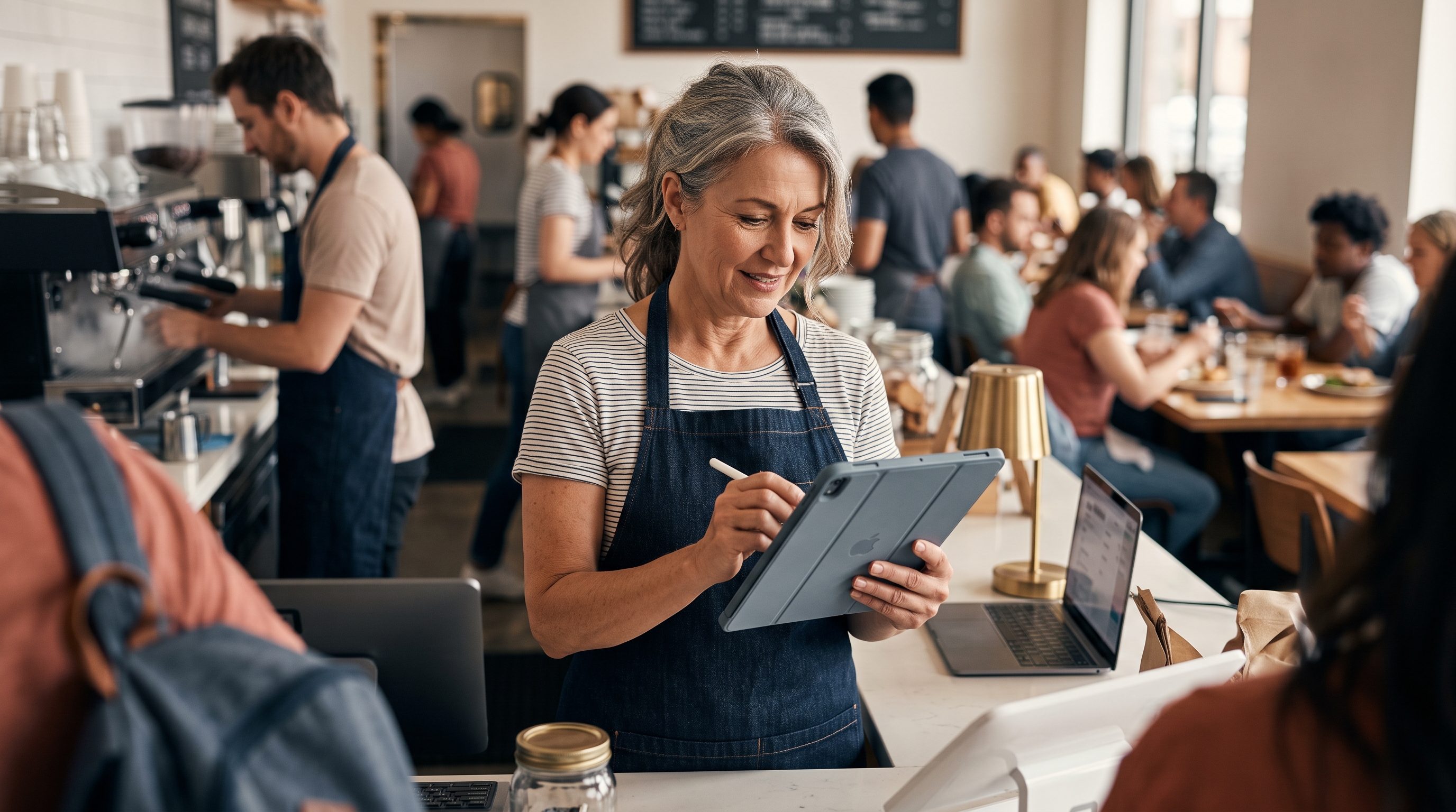 Restaurant owner in an apron taking a to-go order on a tablet at the counter of a busy cafe