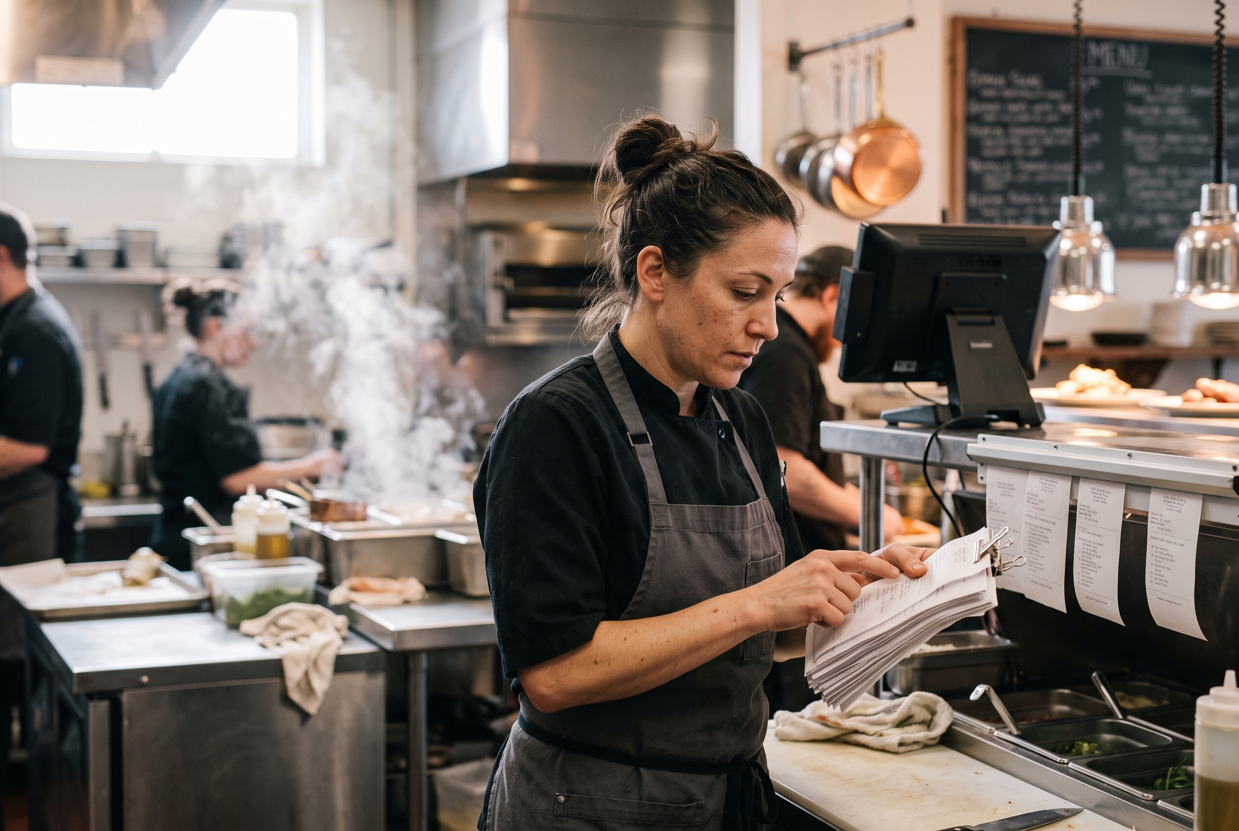 Chef reviewing a stack of delivery order tickets in a steamy commercial kitchen during a dinner rush