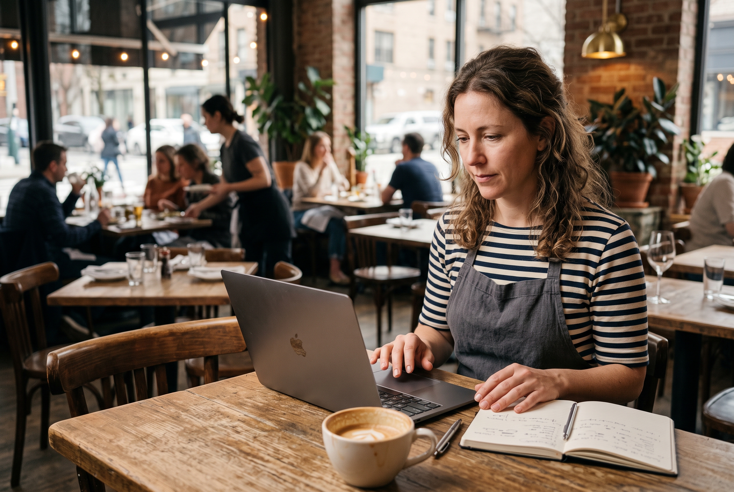 Small restaurant owner comparing pricing options on a laptop at a corner table with a coffee and notebook